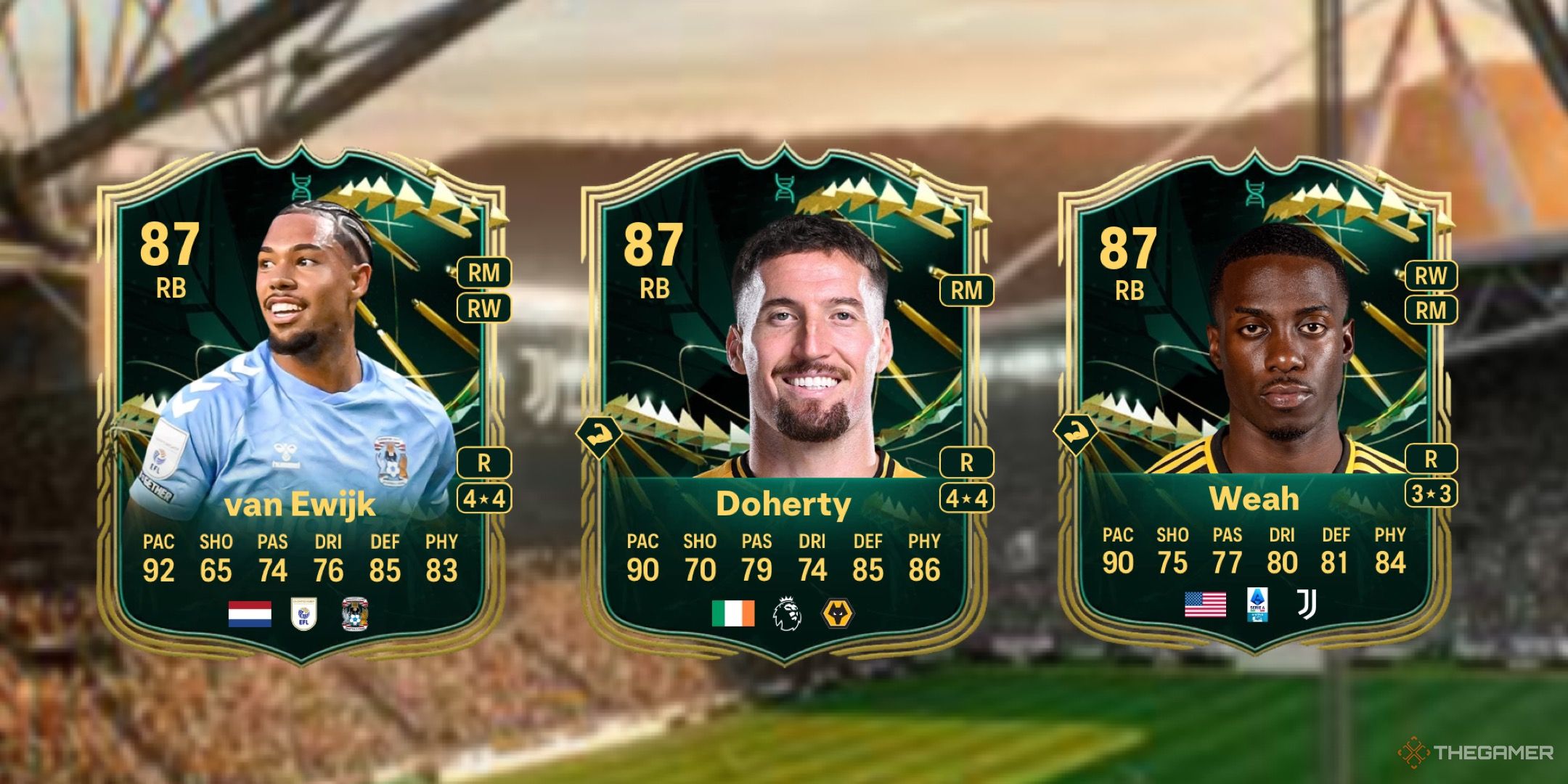 بهترین انتخاب های Incisive Deep Liing Playmaker 2 Evolution برای EA Sports FC 25 4 تصویری که کارت ون اوییک، دوهرتی و وه را در پسزمینه زمین محو نشان میدهد.