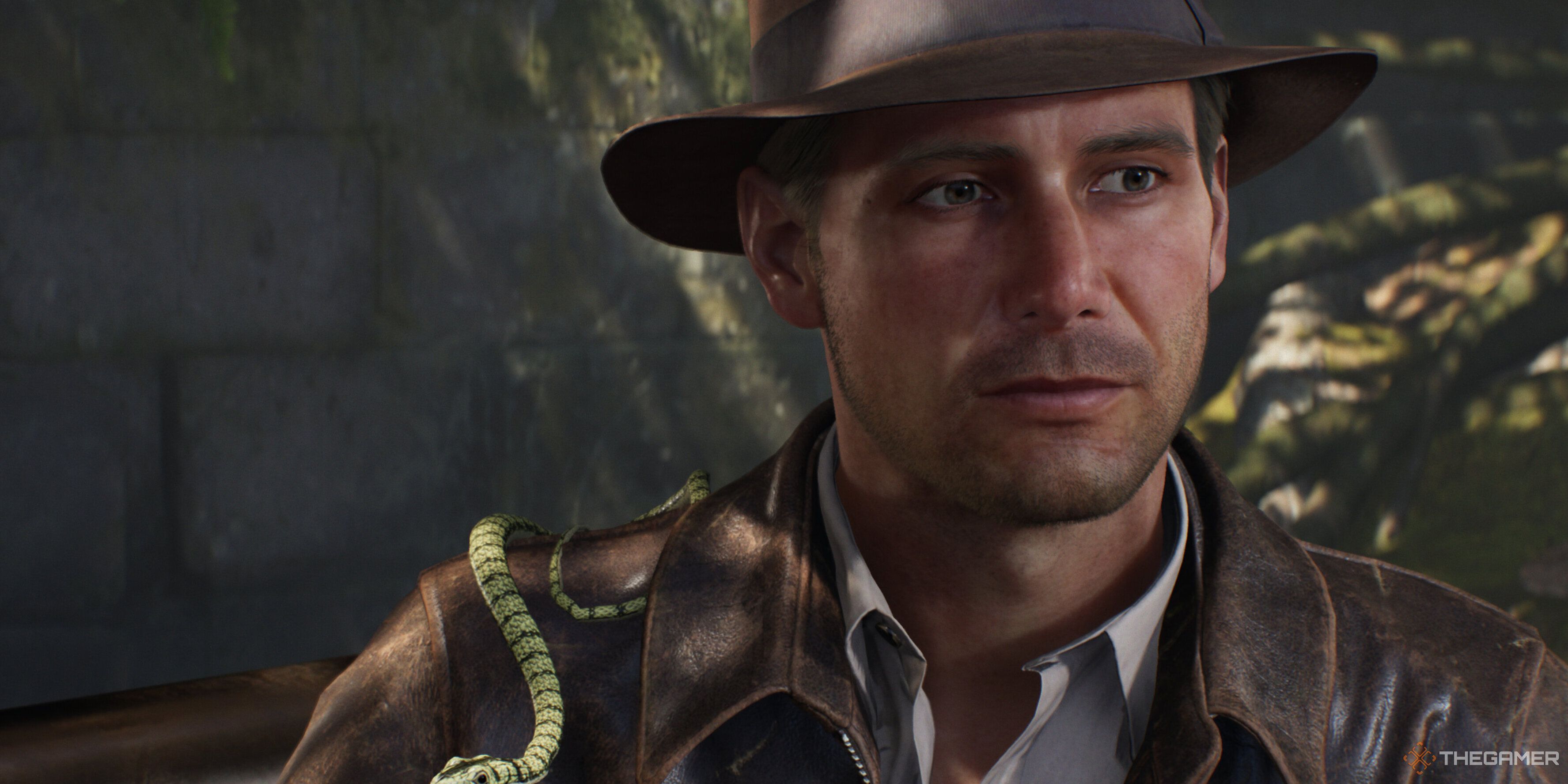 Indy with a snake on his shoulder in Indiana Jones and the Great Circle.