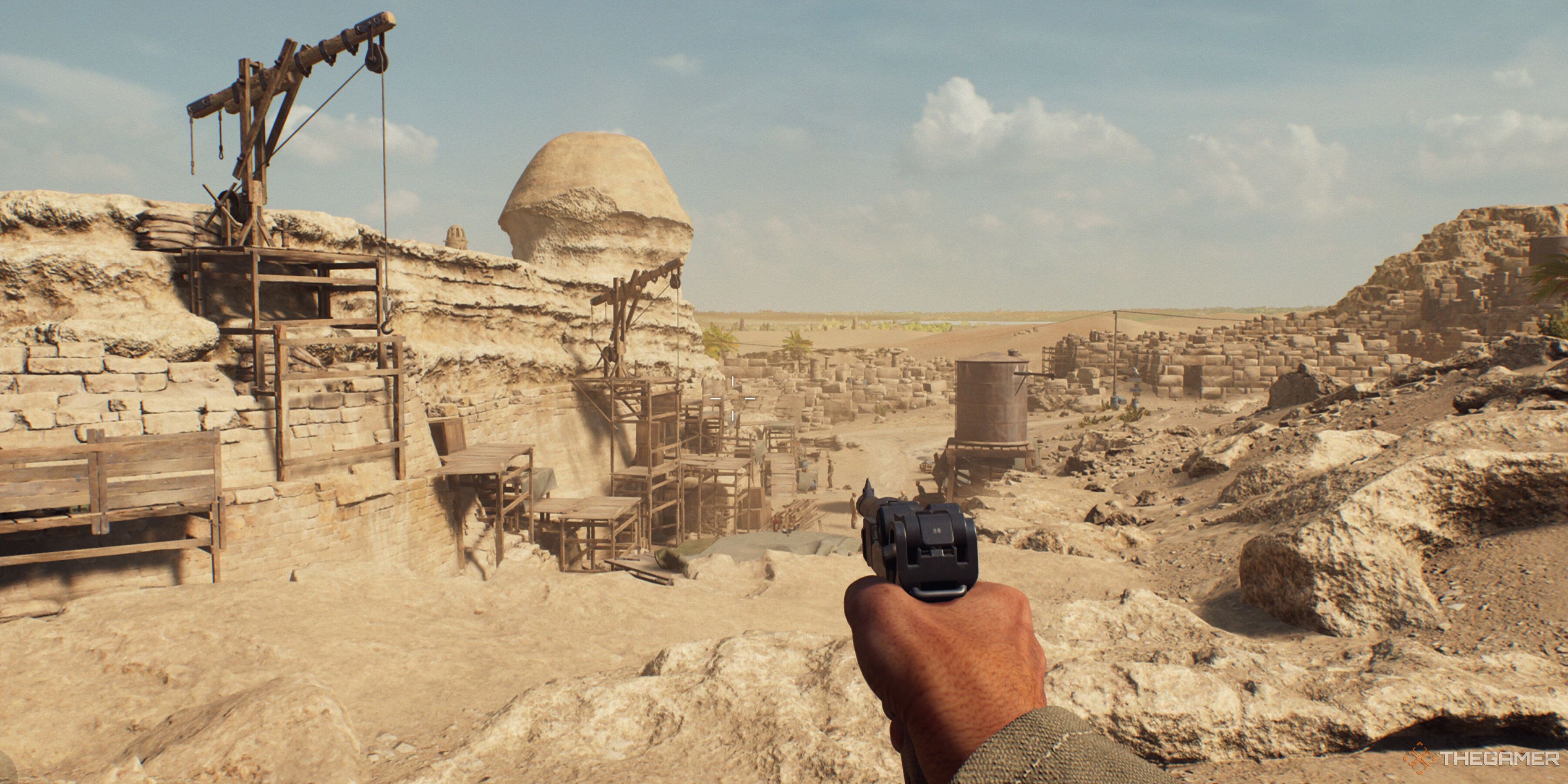 Indy pointing a gun at the Sphinx in Indiana Jones and the Great Circle.