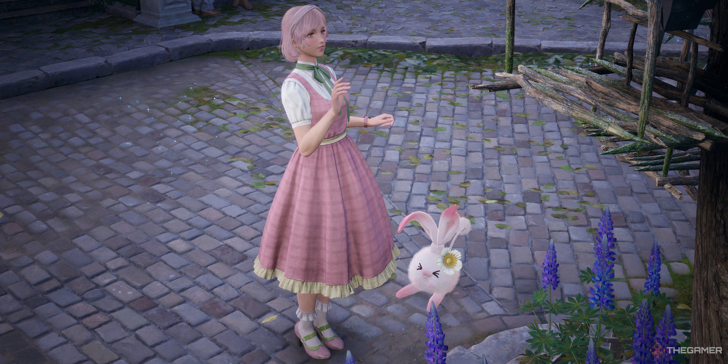 Emabul and her blush bunny in the streets of Florawish.