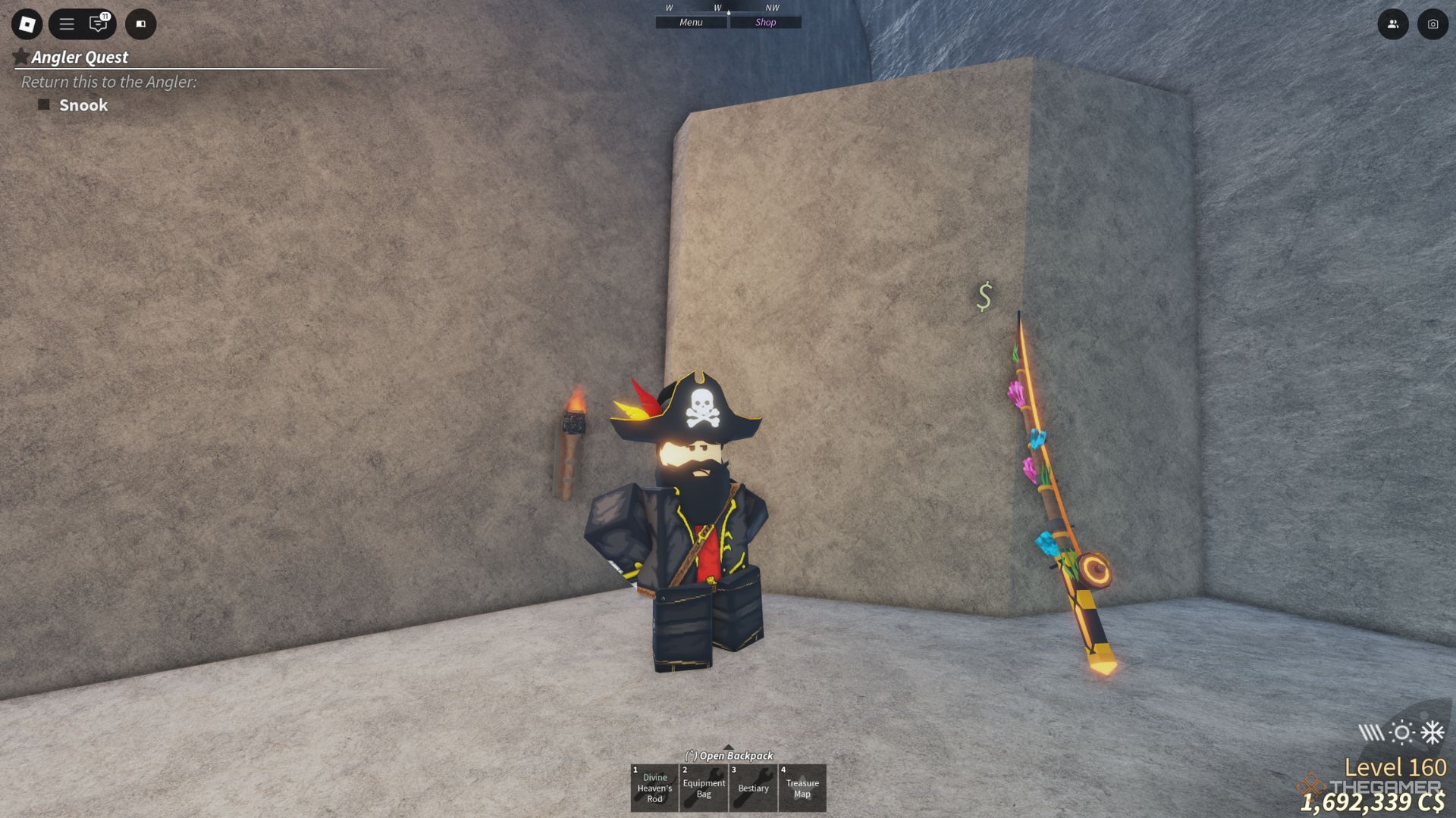 Jack Marrow NPC در کنار میله در Forsaken Shores در Fisch می ماند.