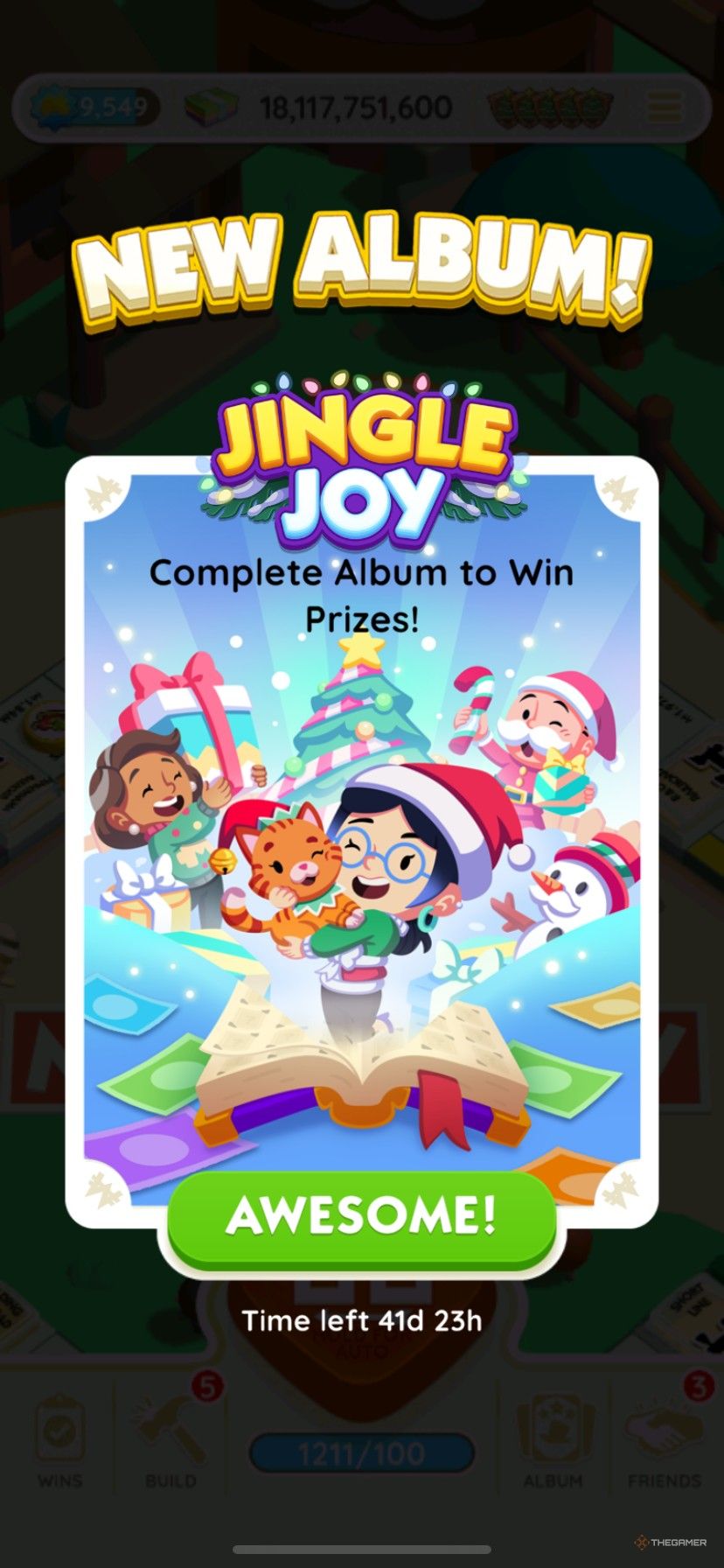 Jingle Joy start screen with several festive Monopoly Go characters.