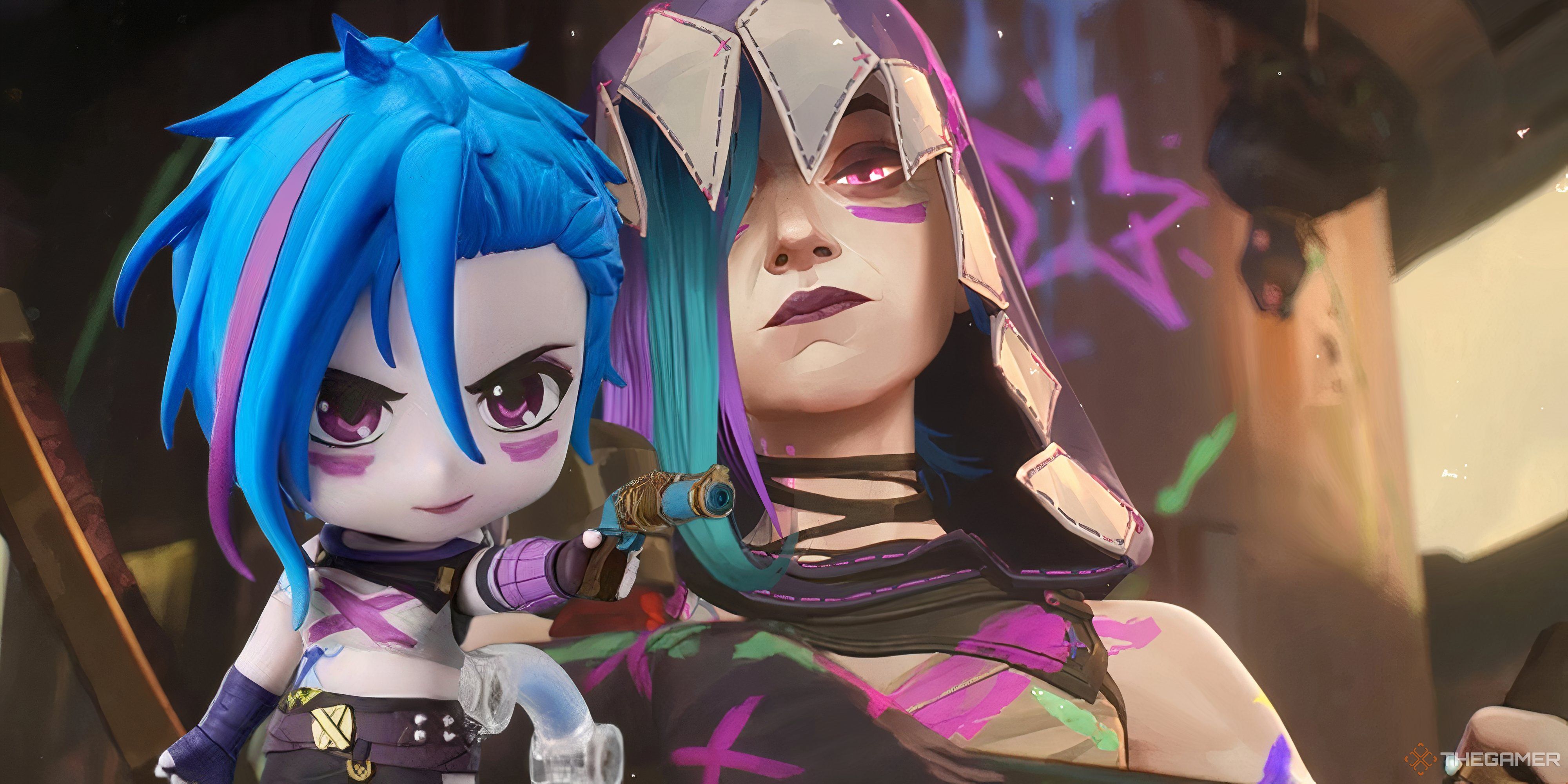 jinx nendoroid standing in front of jinx from arcane season 2.