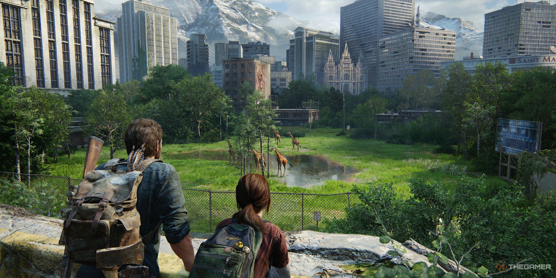 Joel and Ellie looking at Giraffes in The Last of Us Part 1.