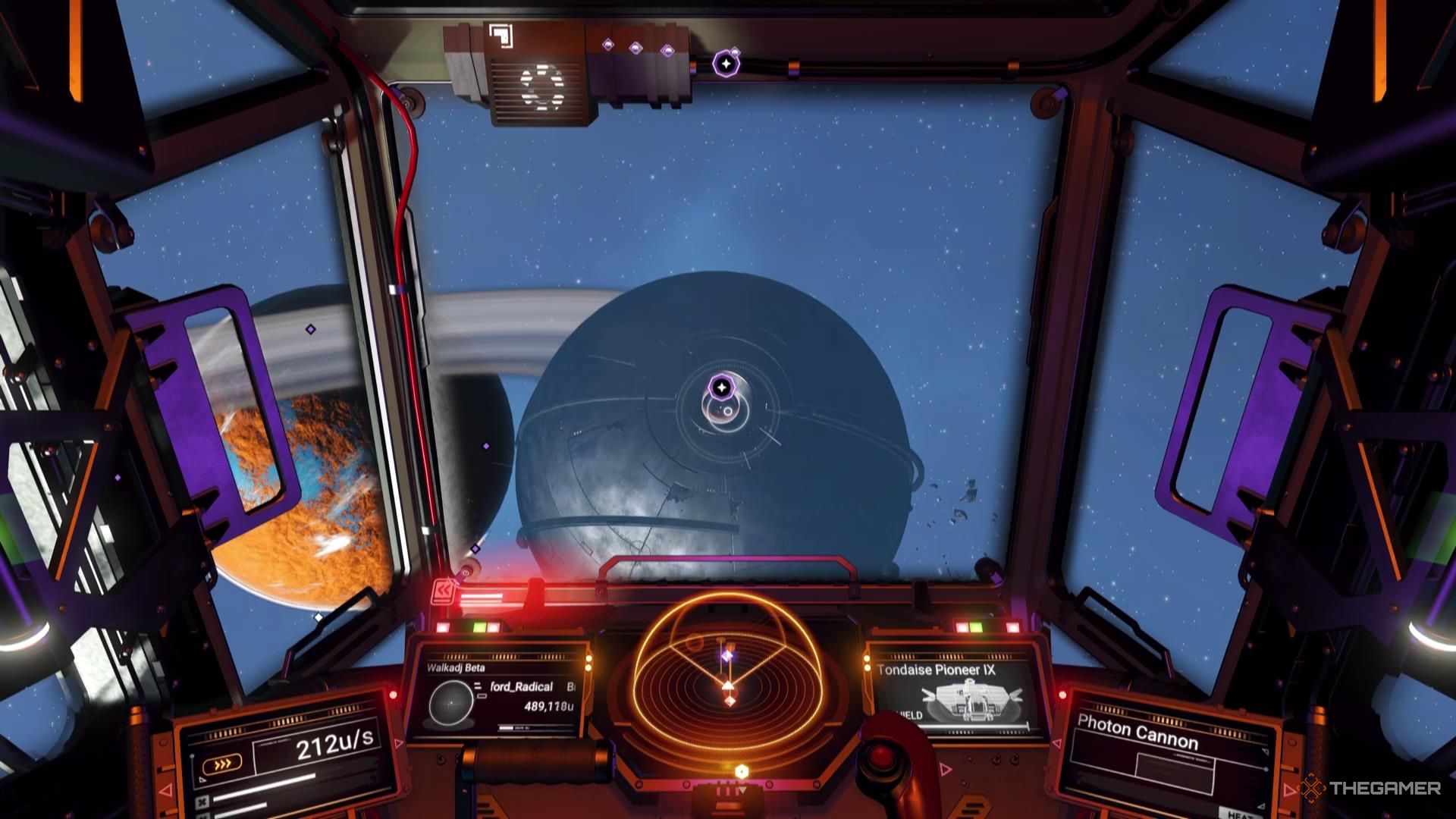 Looking at the Anomaly through the cockpit windshield in No Man's Sky.