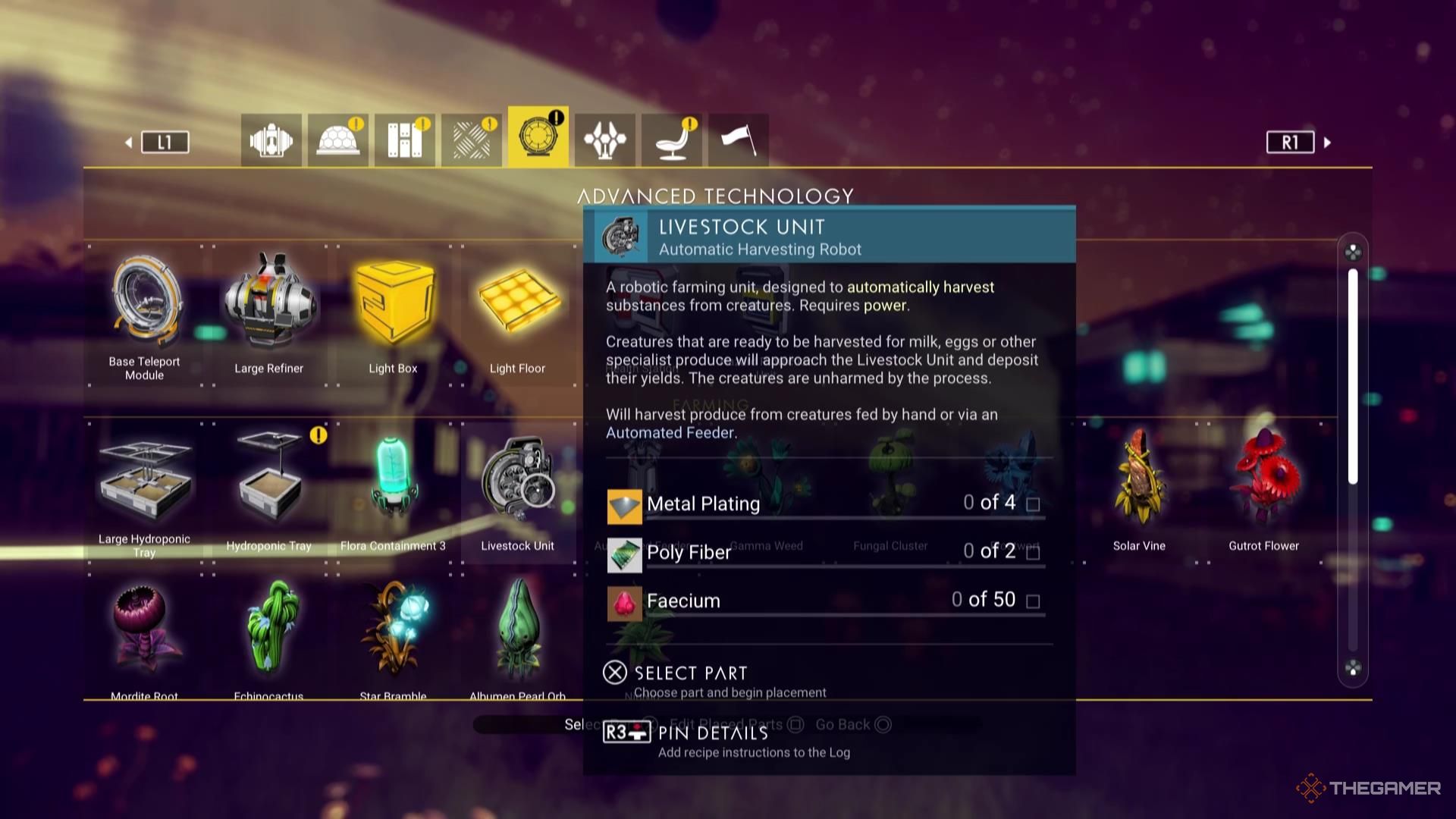 یک واحد دام در منوی ساخت No Man's Sky.