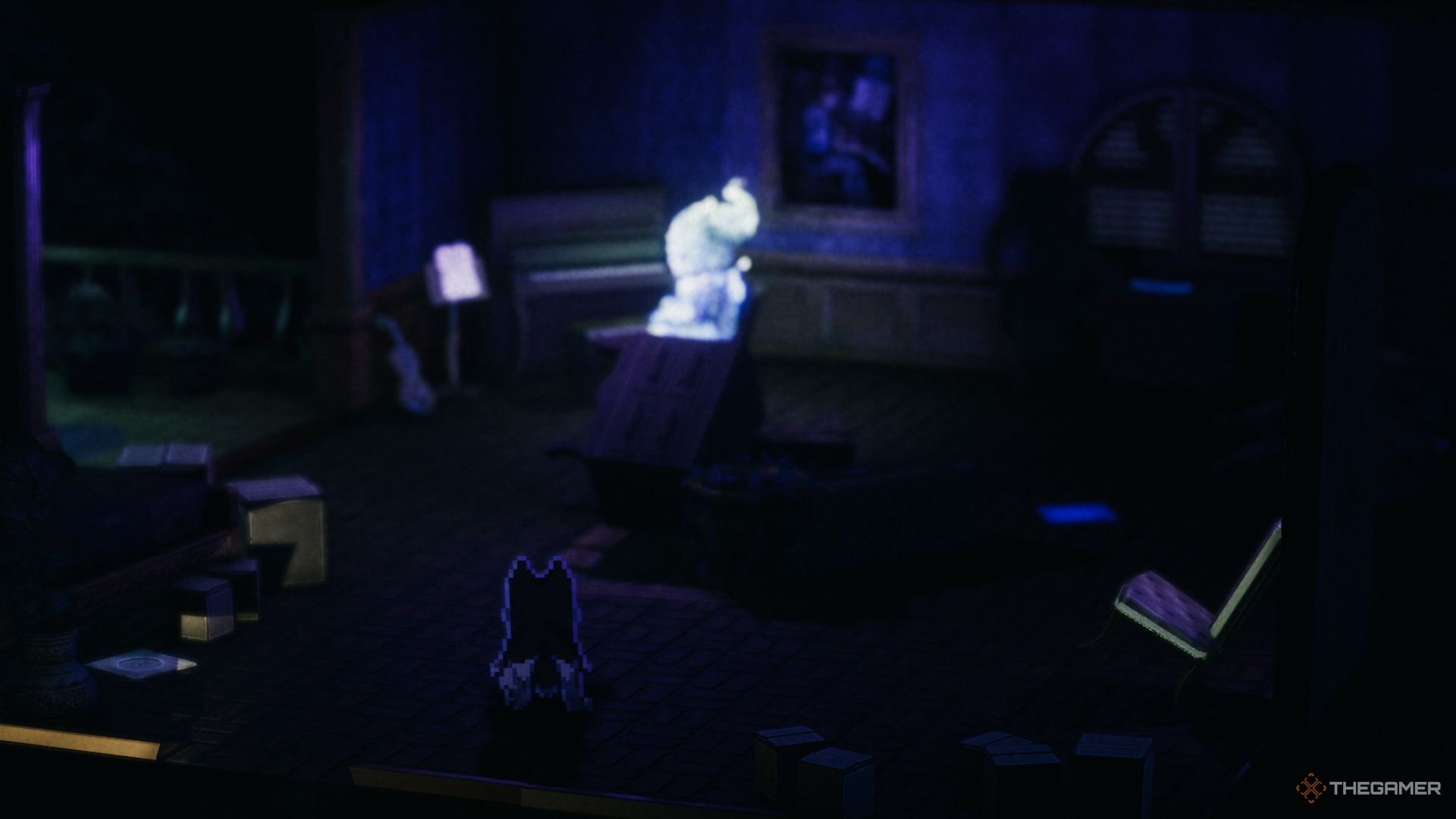 Lupi in the music room of the Strach Mansion with a ghost sitting on a chair in Enigma of Fear.
