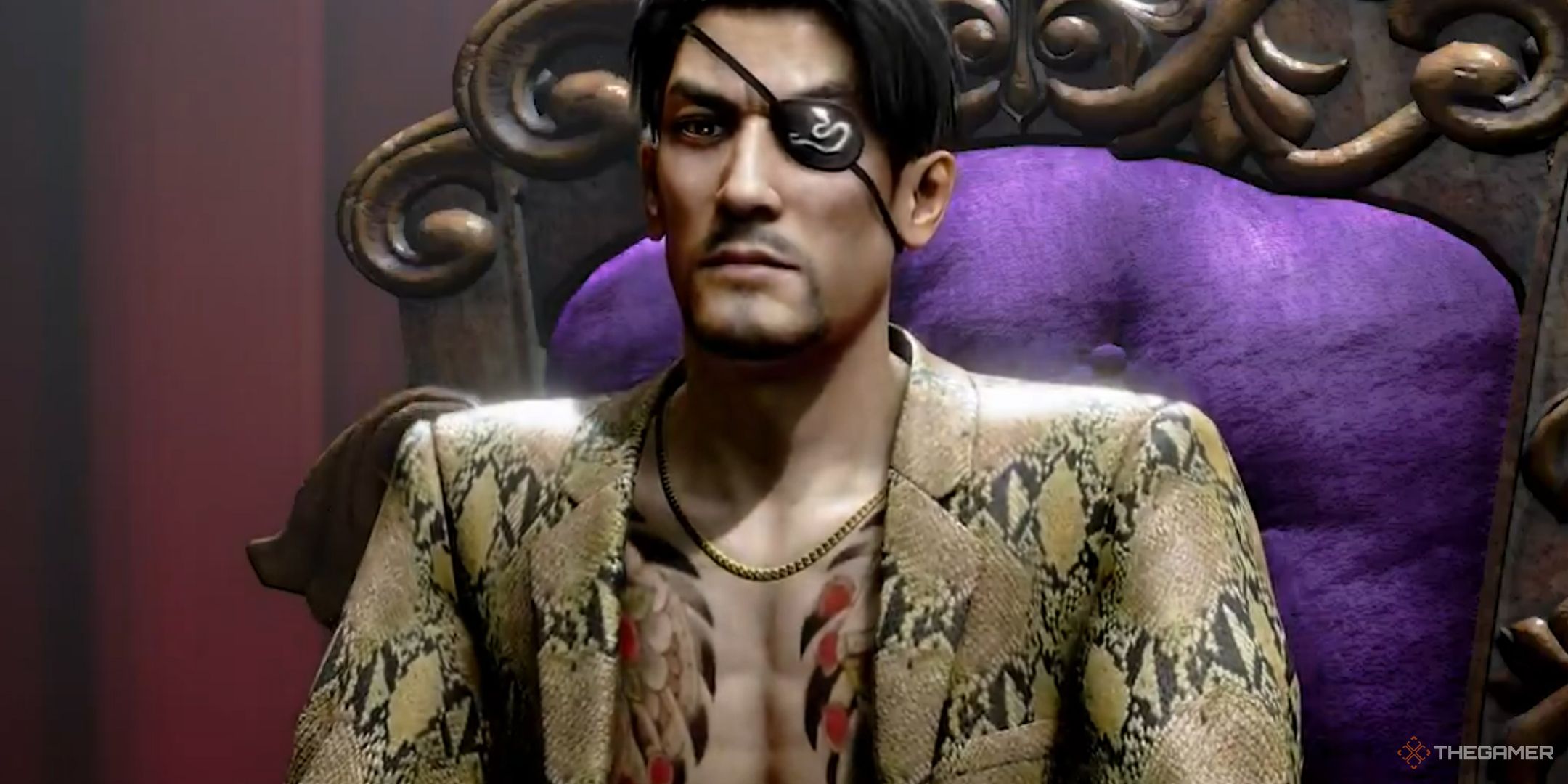 Majima from Like a Dragon sitting on a purple throne.