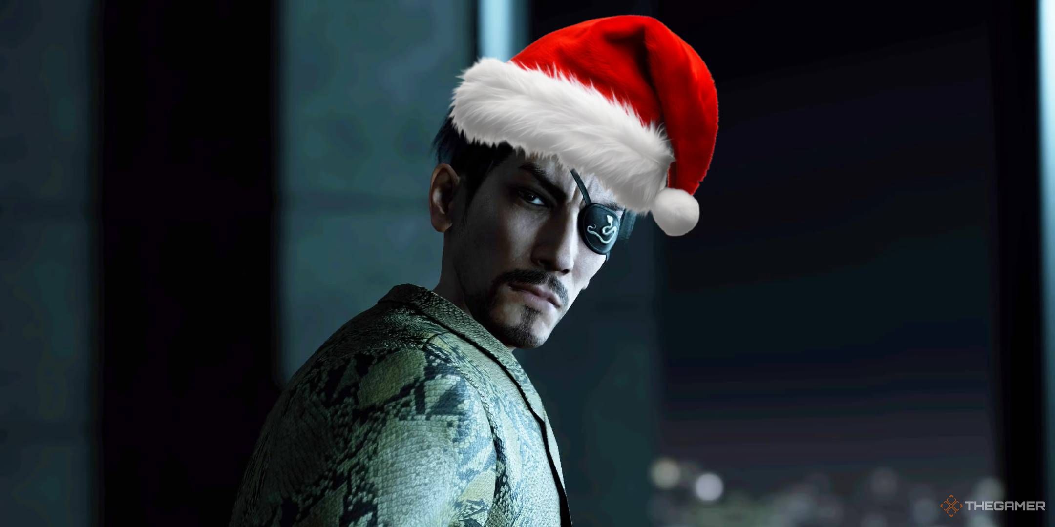 Majima wearing a santa hat from Like A Dragon_ Infinite Wealth