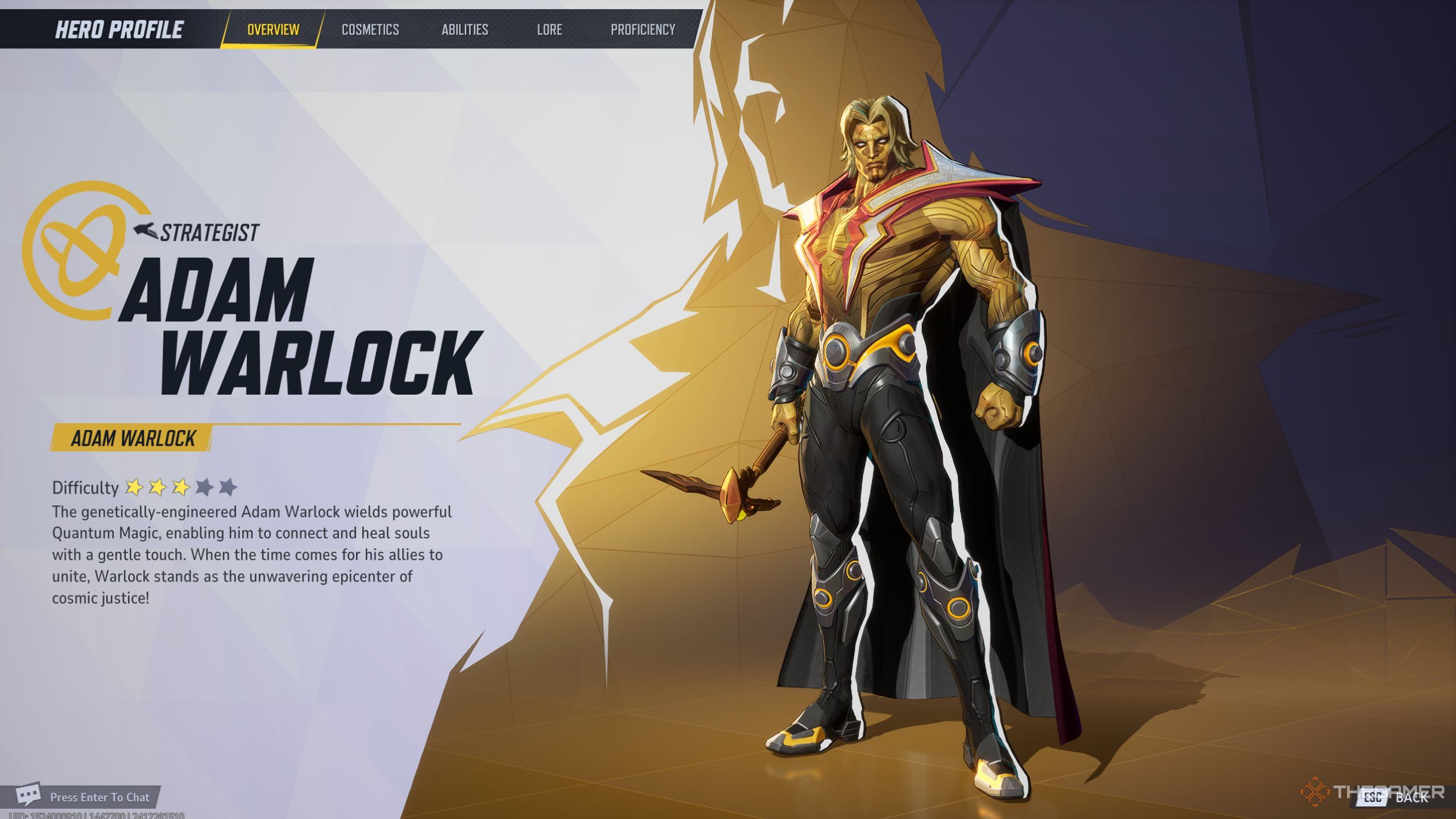 Marvel Rivals Adam Warlock character description screen.