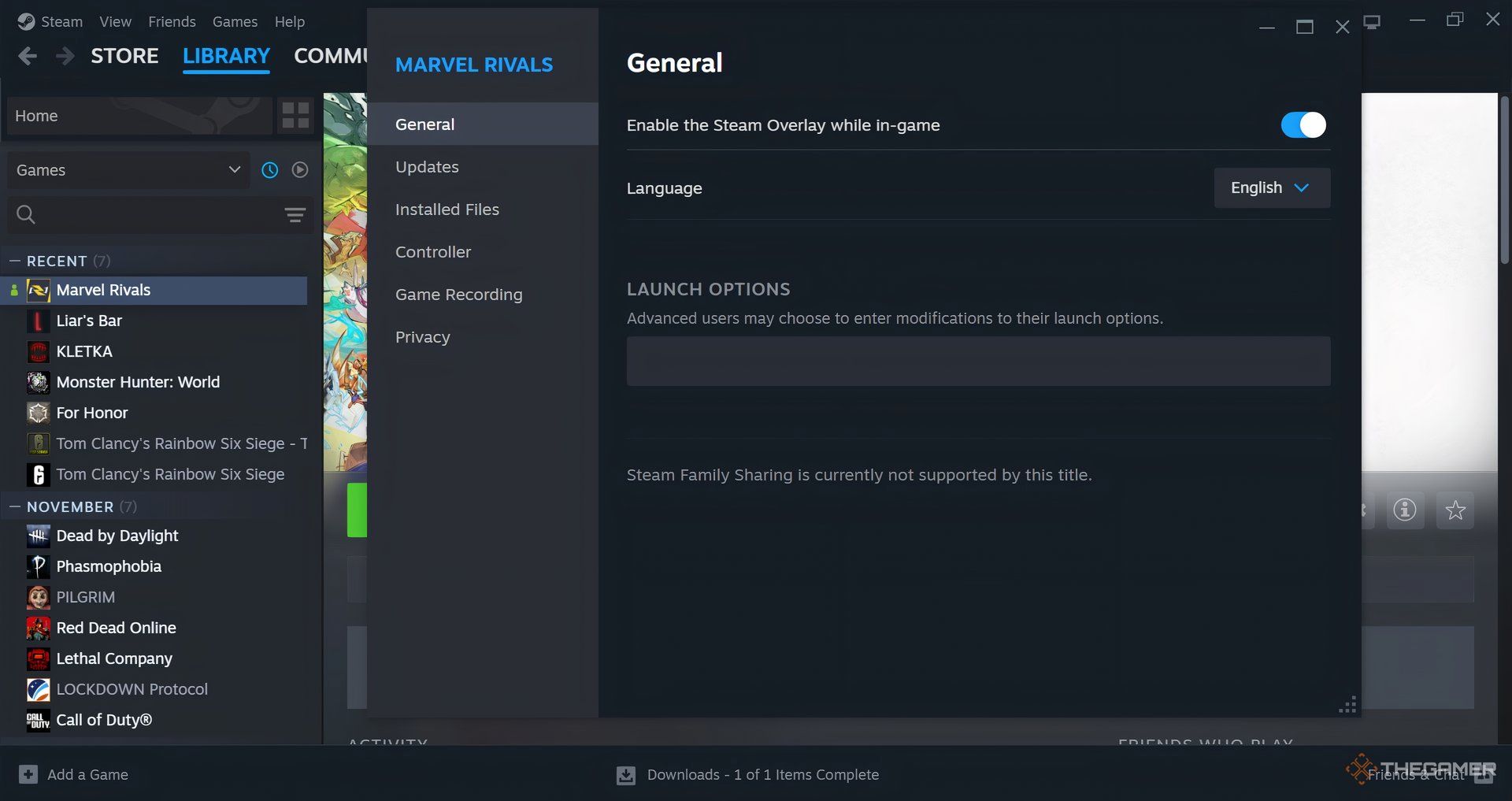 Marvel Rivals general properties on Steam.