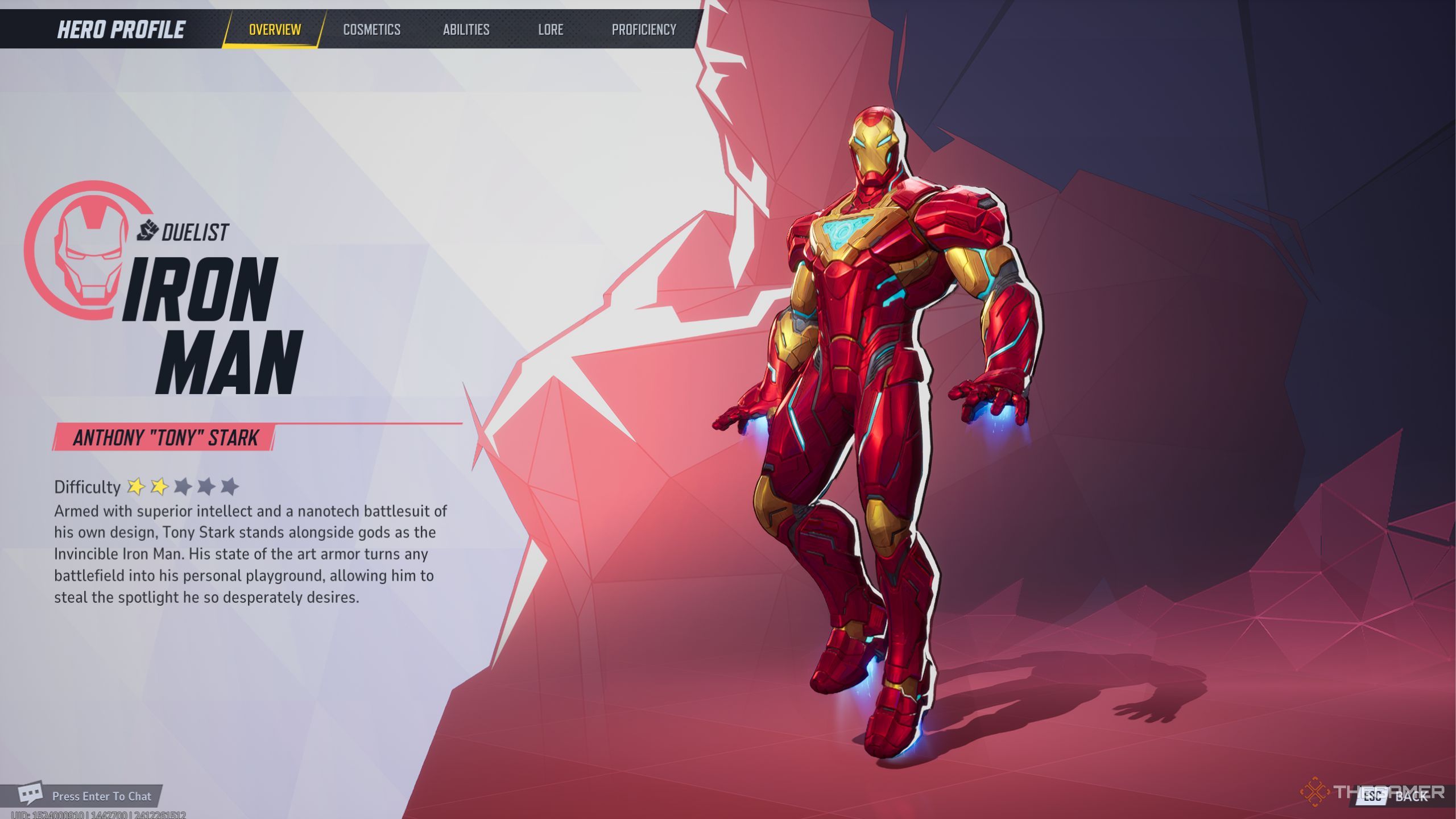 Marvel Rivals Iron Man character description screen.