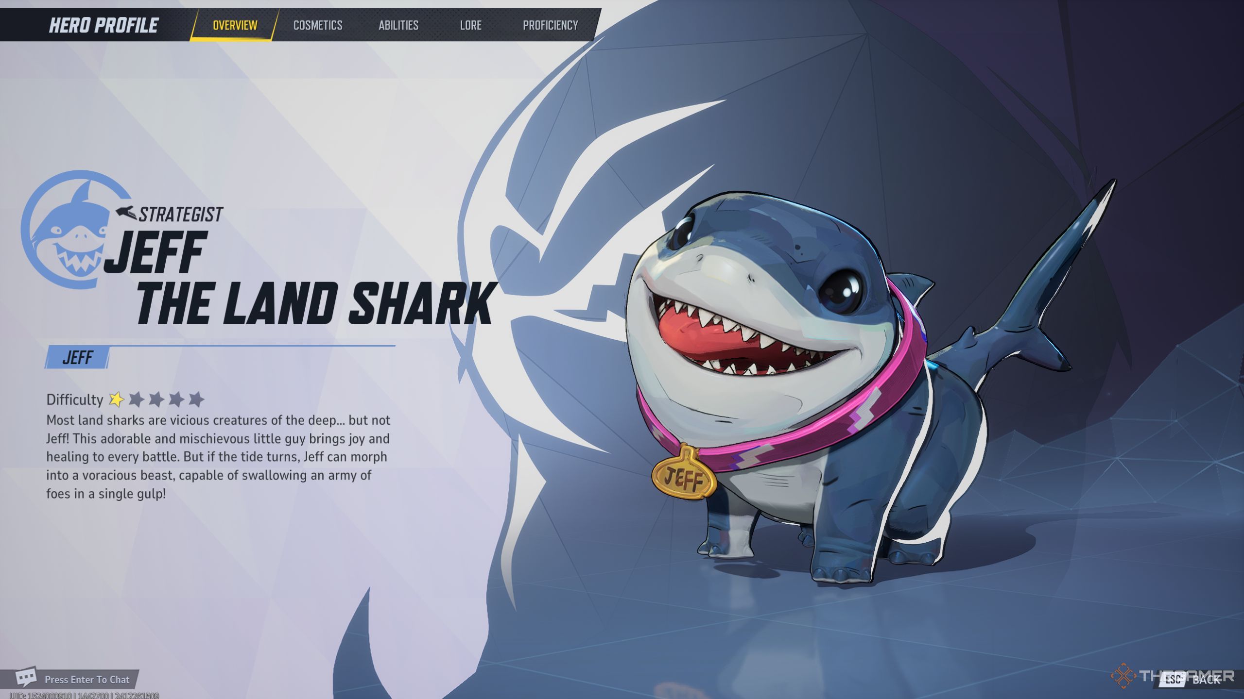 Marvel Rivals Jeff The Land Shark character description screen.