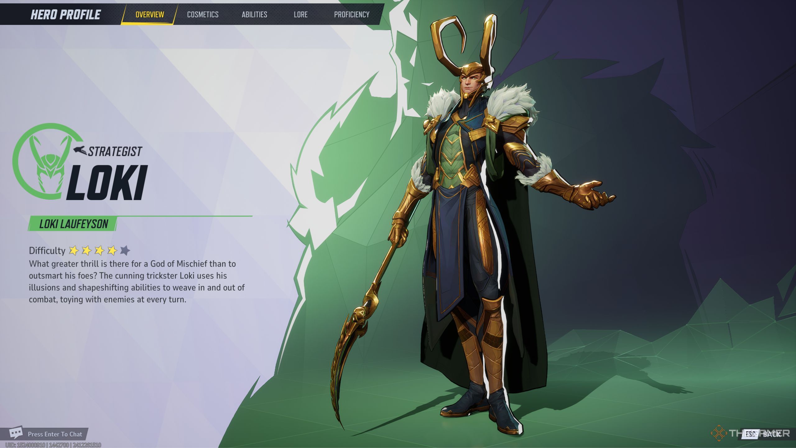 Marvel Rivals Loki character description screen.