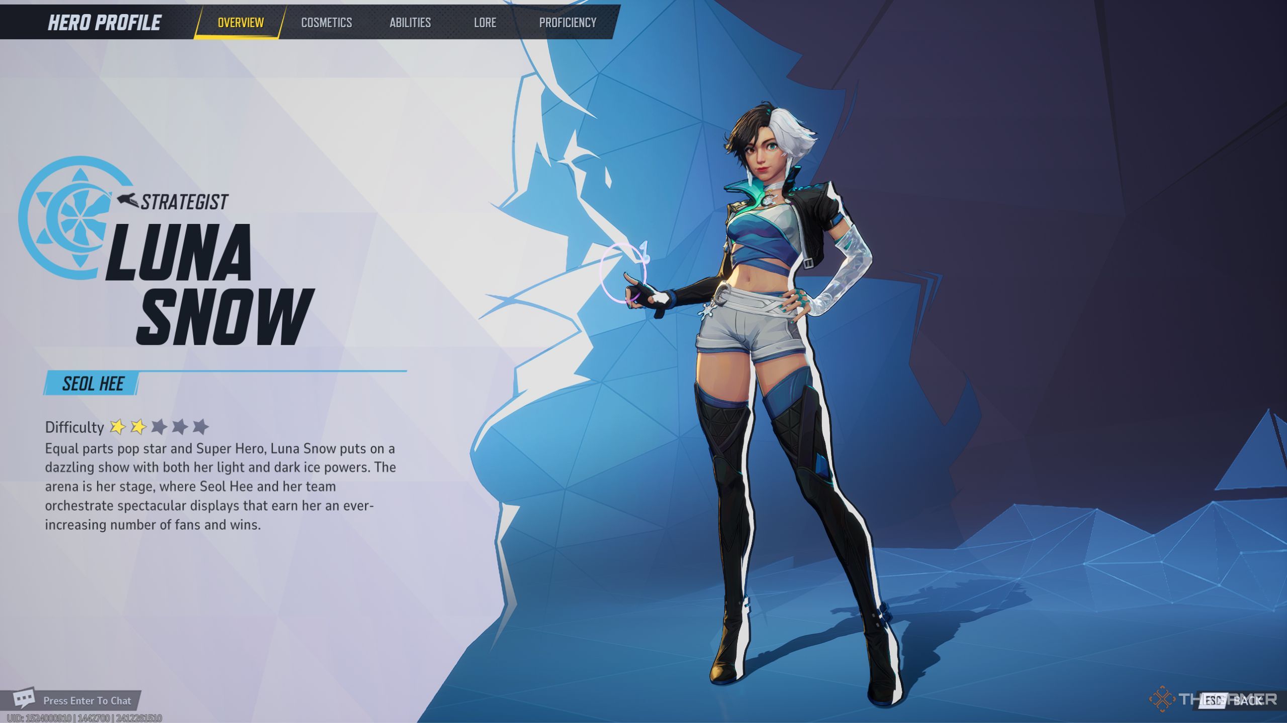 Marvel Rivals Luna Snow character description screen.