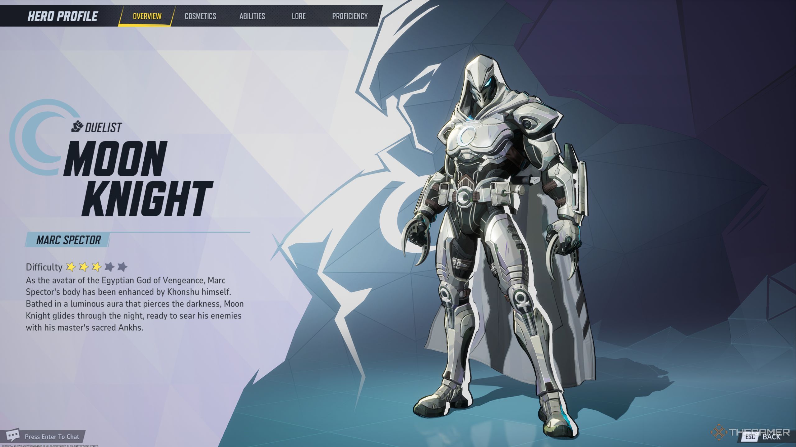 Marvel Rivals Moon Knight character description screen.