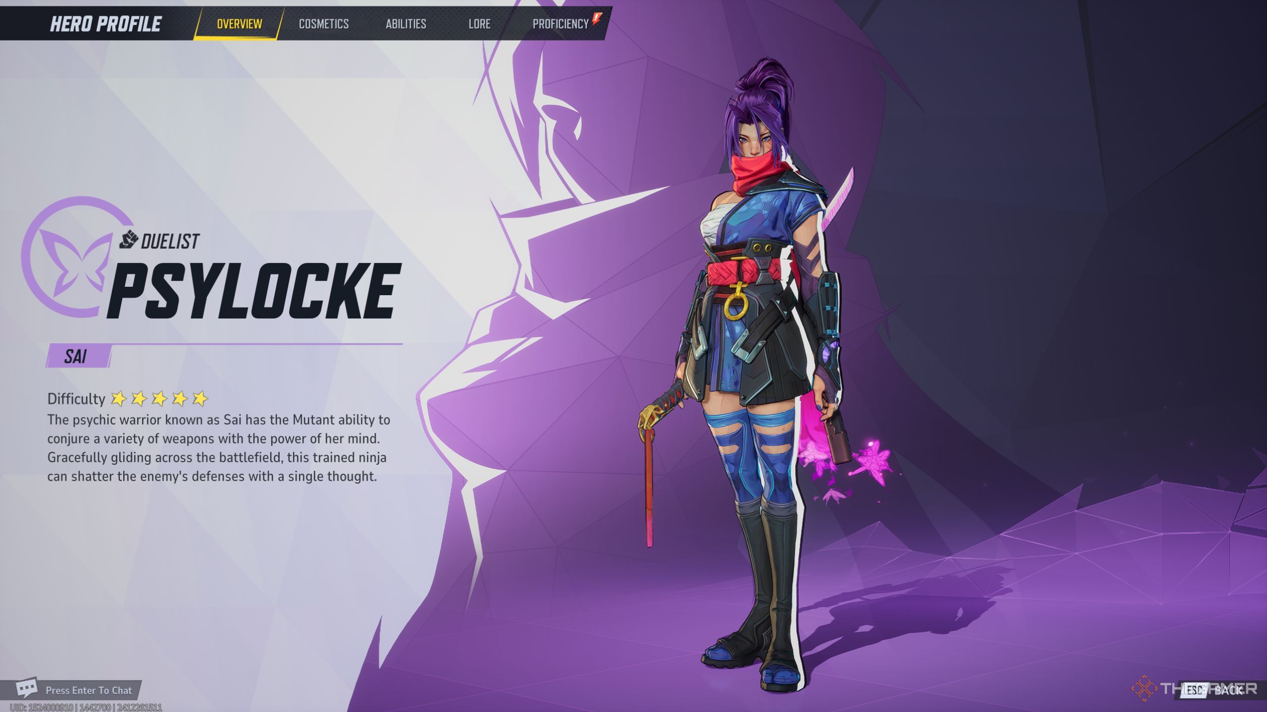 Marvel Rivals Psylocke character description screen.