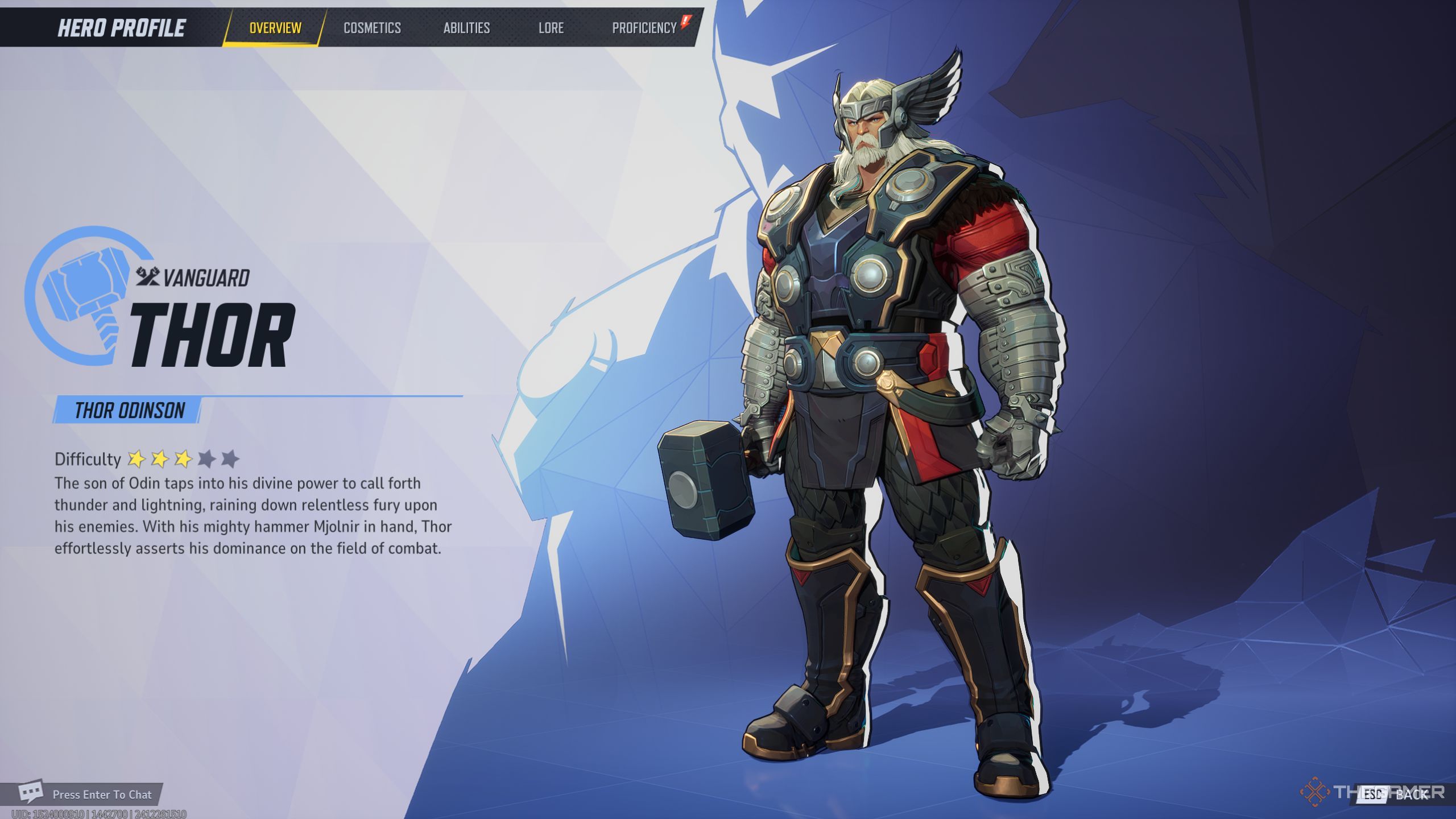 Marvel Rivals Thor character description screen.