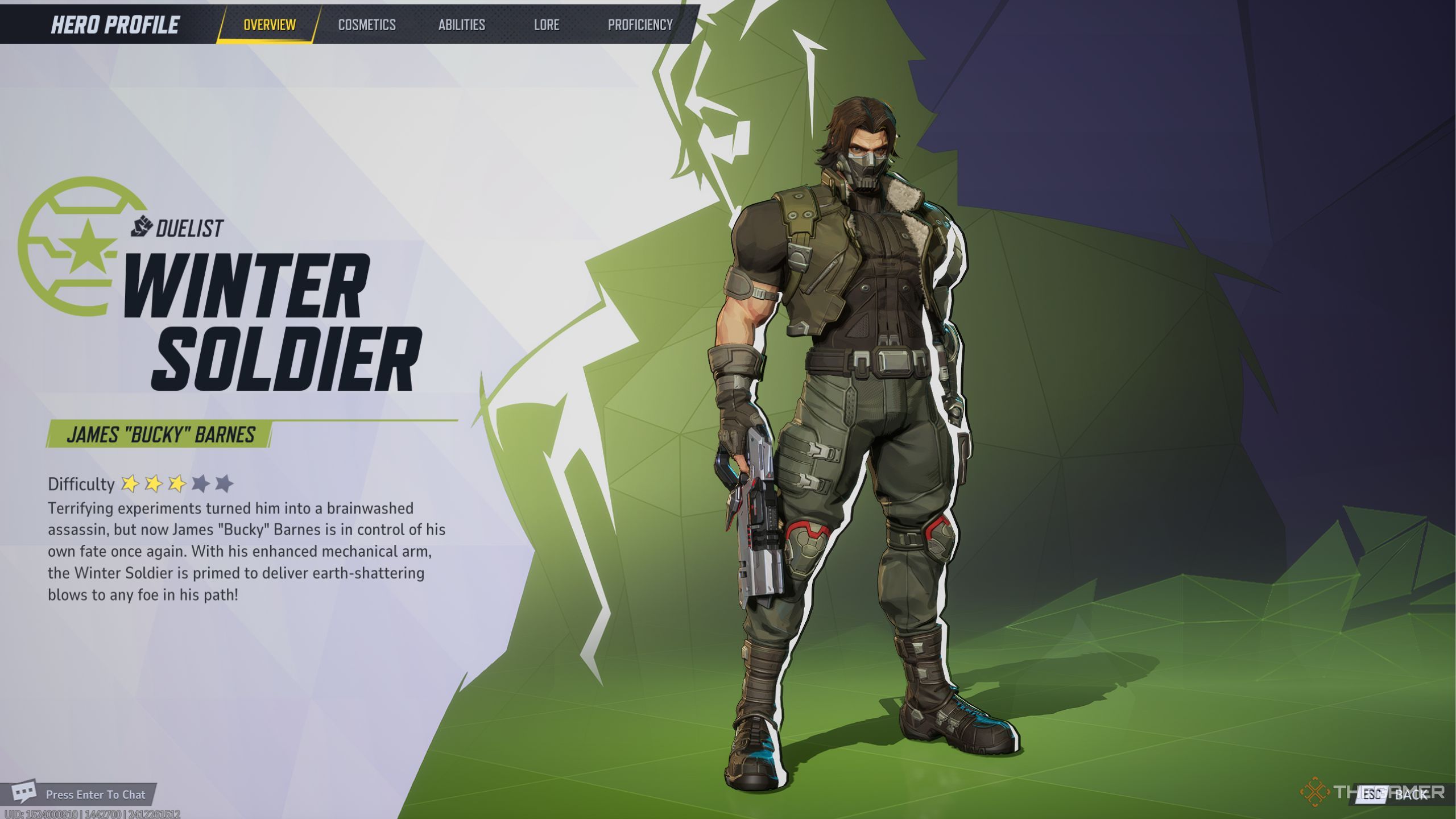 Marvel Rivals Winter Soldier character description screen.