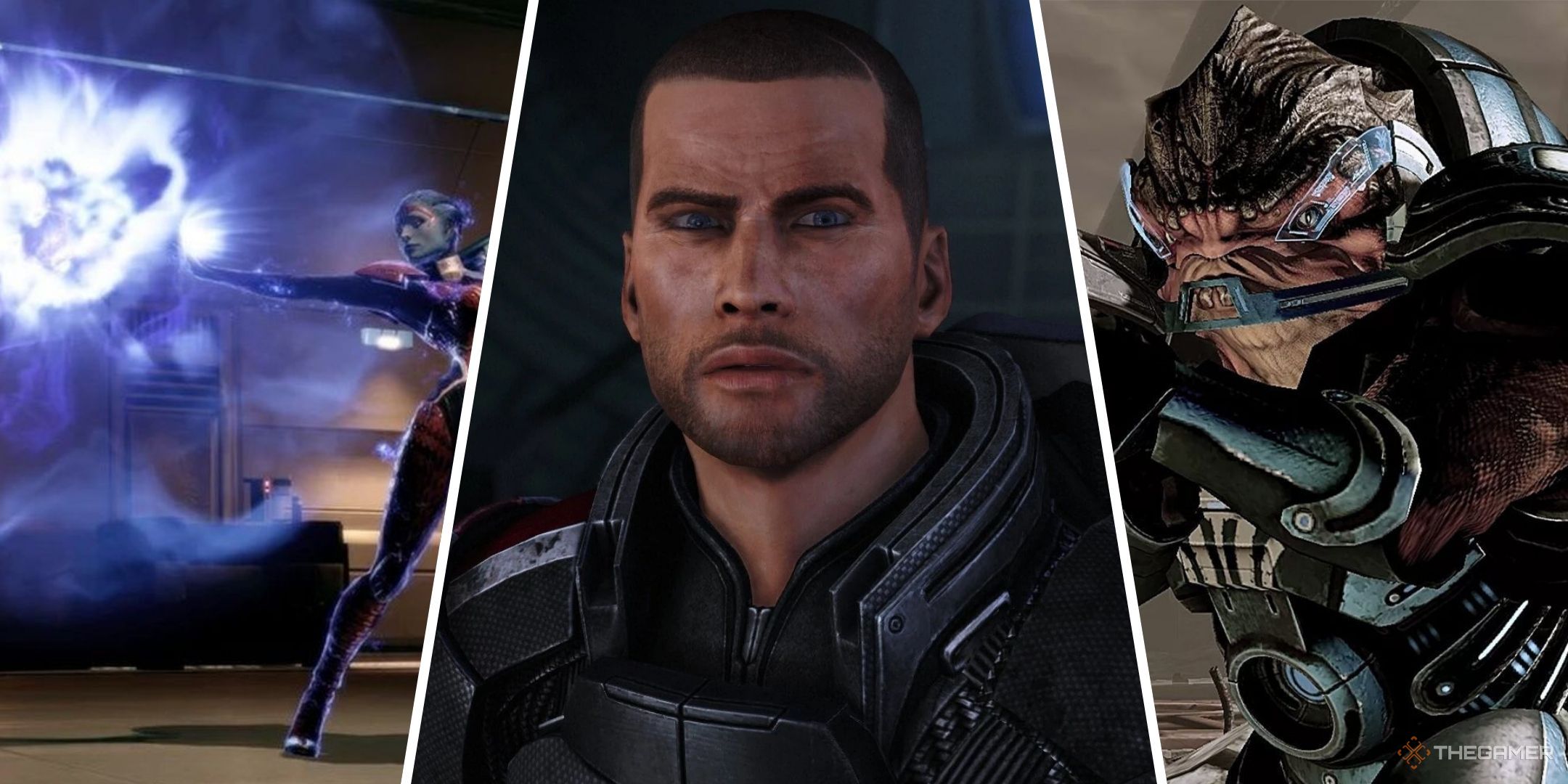 Mass Effect 2 Bonus Powers Featured Image containing screenshots of Samara, Shepard, and Grunt.