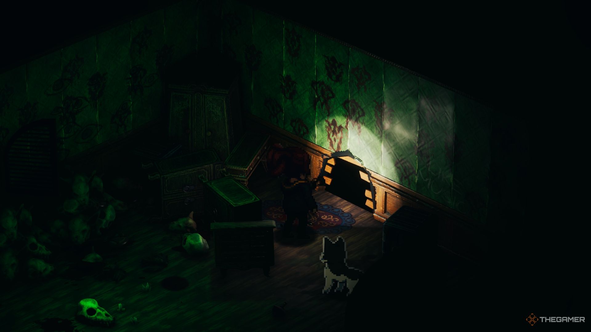 Mia near a broken wall in an ominous room with many skulls and wooden furniture in Enigma of Fear.