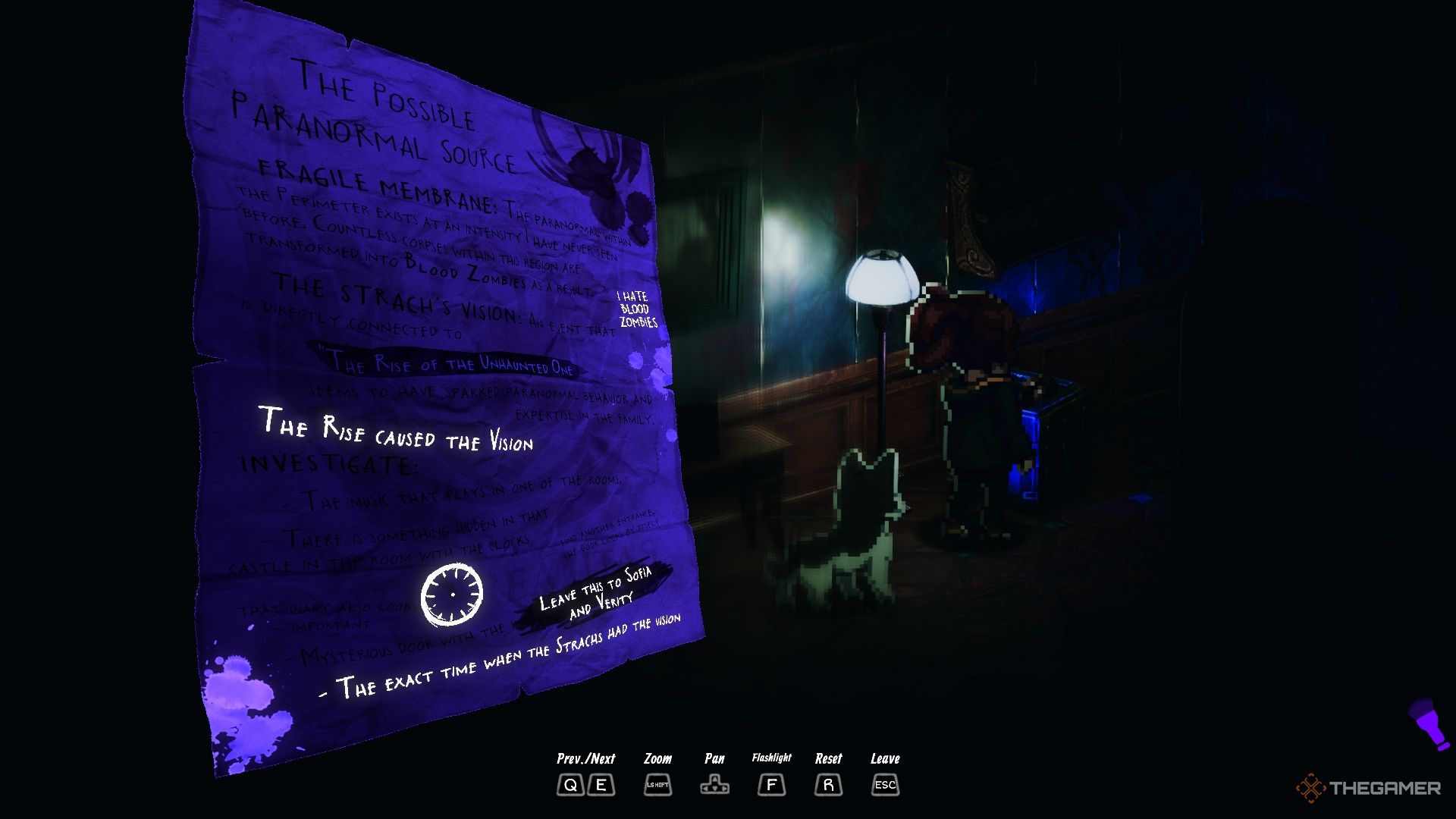 Mia inspecting a crumpled piece of paper outside Yuri&rsquo;s room in Enigma of Fear.
