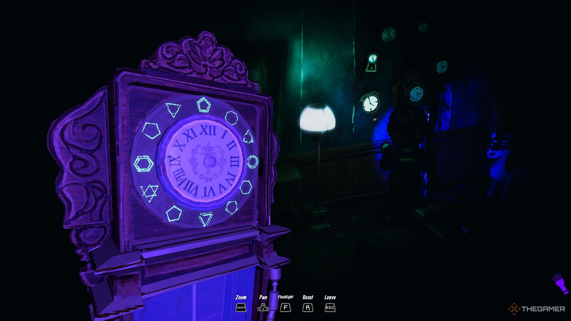 Mia inspecting the grandfather clock in the Strach Mansion in Enigma of Fear.