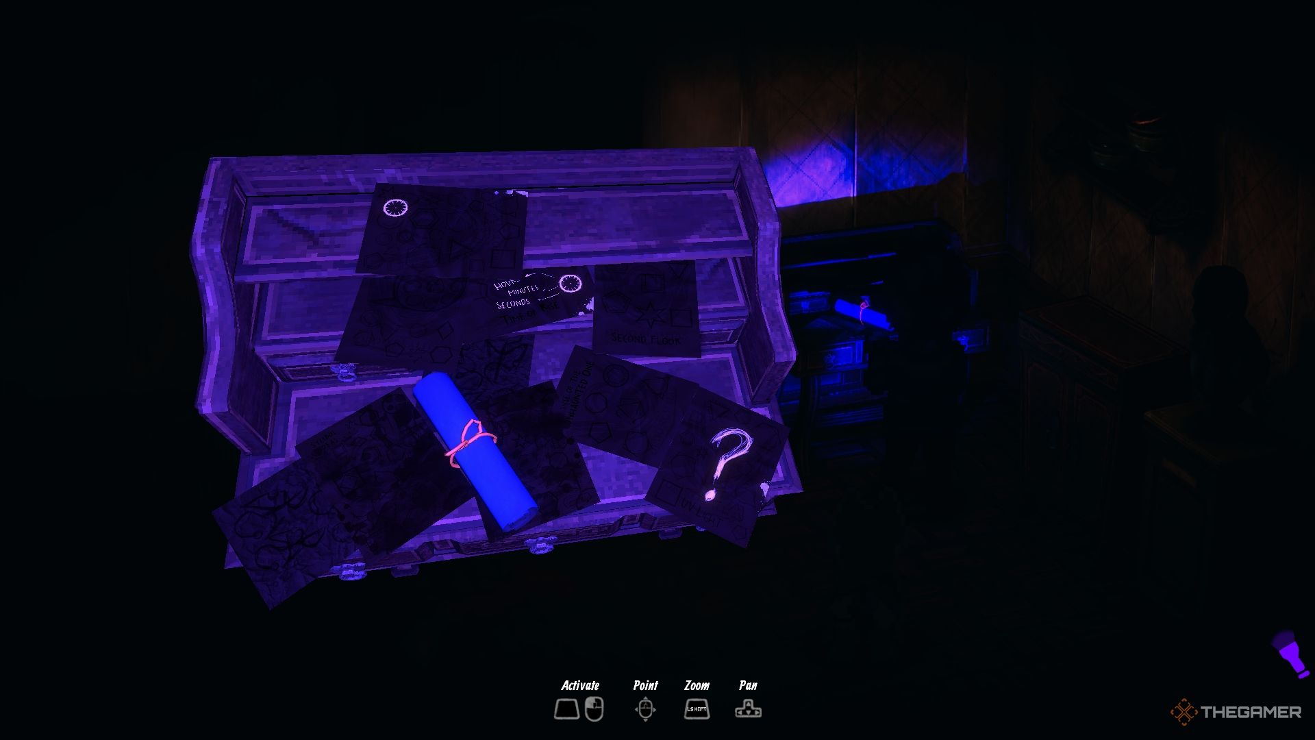 Mia inspecting mysterious pages on a desk in the master bedroom in Enigma of Fear.