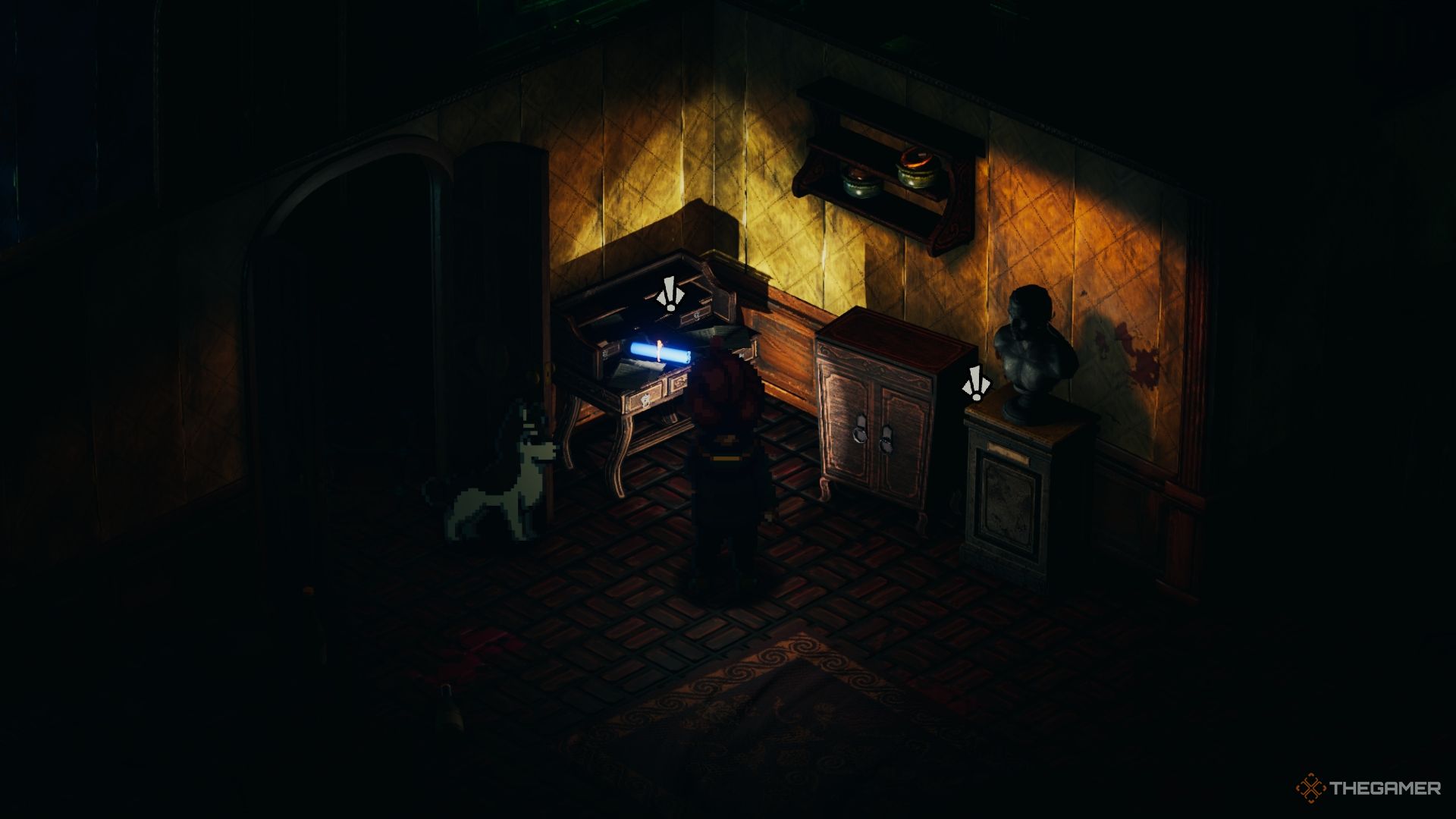 Mia near a desk with a blueprint in the master bedroom of the Strach Mansion in Enigma of Fear.