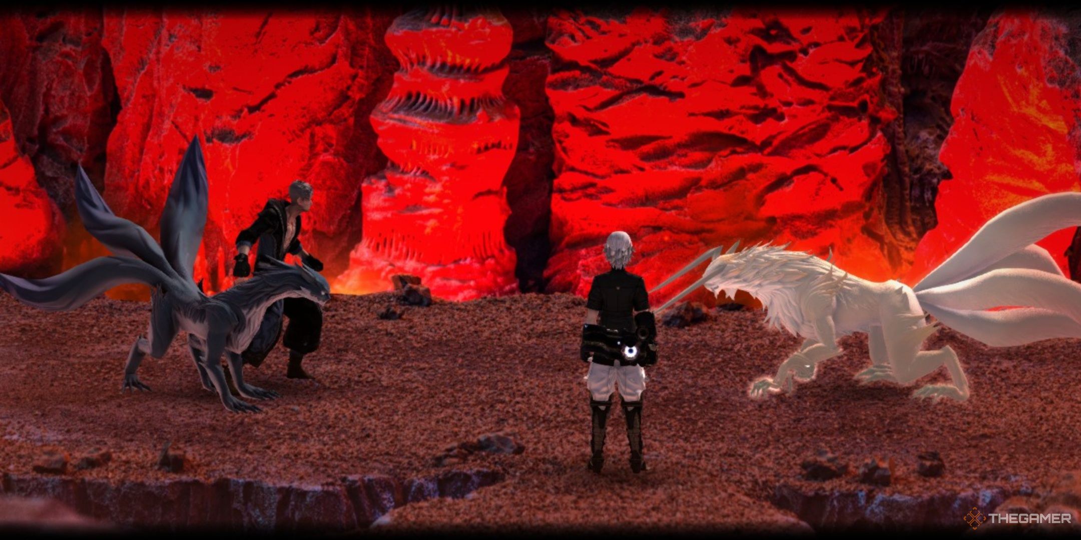 Tan and Galf stood together across from Adolfo as Leo stands between them in the volcanic cavern in fantasian neo dimension.