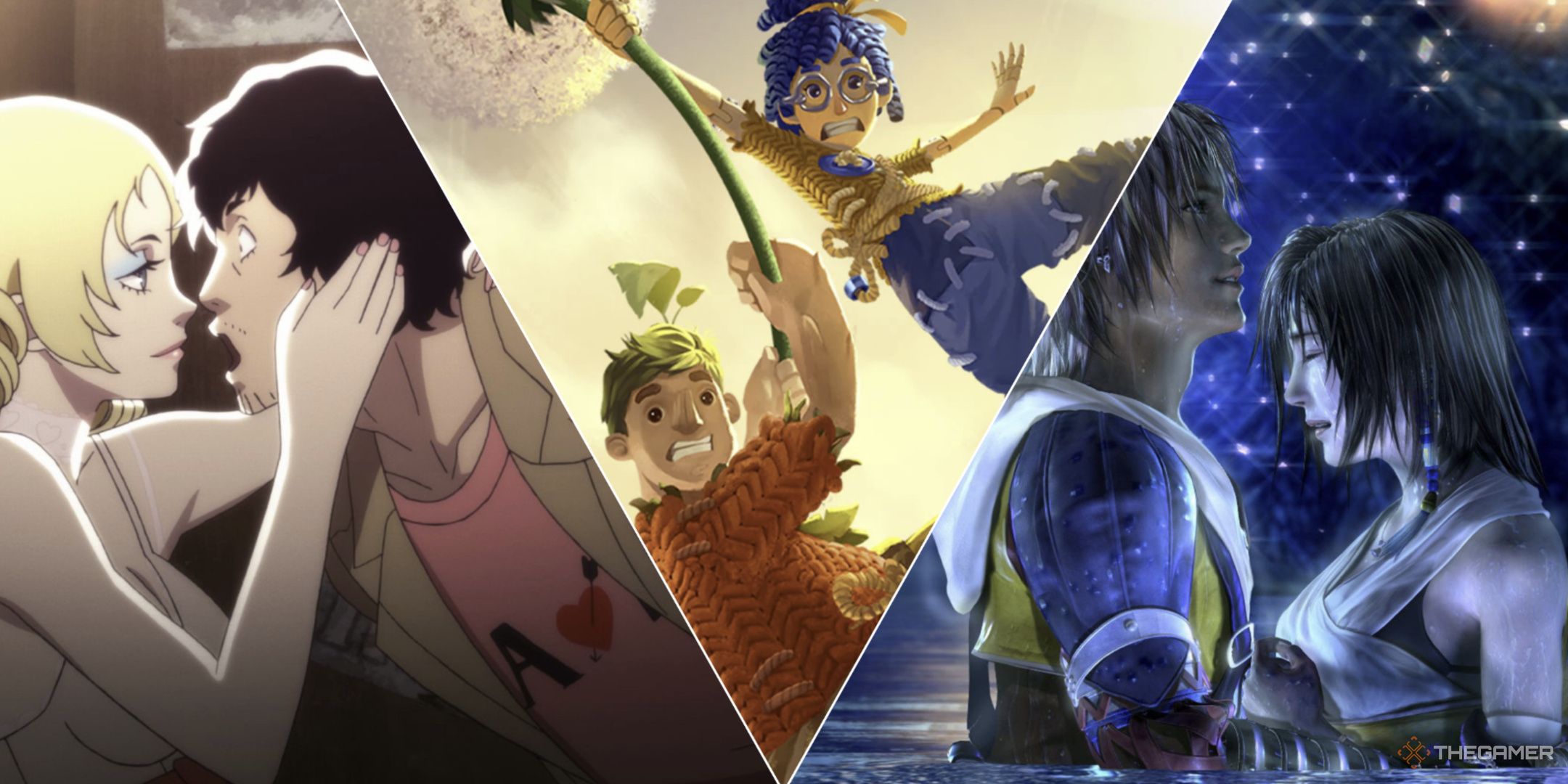 A collage of games where Love faces adversity such as Catherine, It Takes Two, and Final Fantasy X.