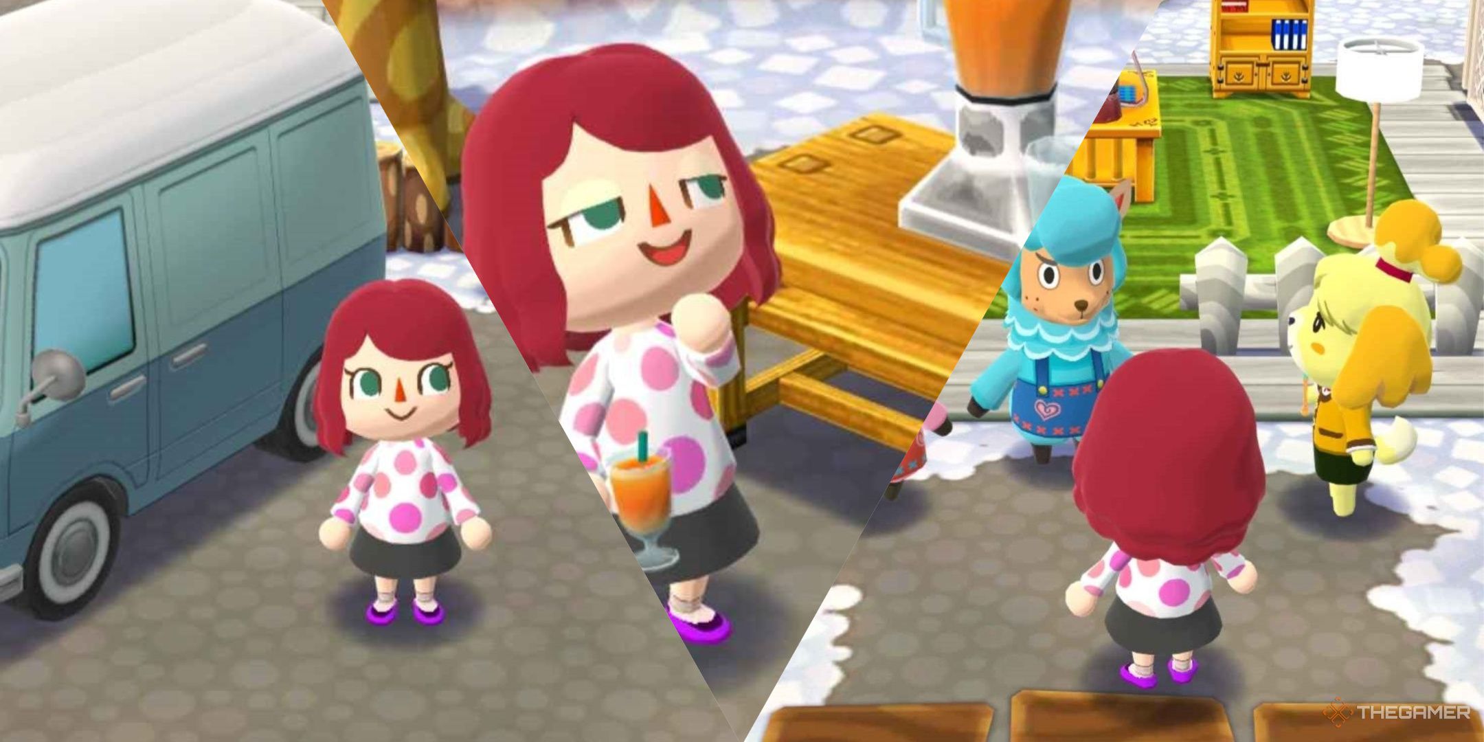 Animal Crossing: Pocket Camp Complete, featuring the player next to their van, making a smoothie, and the player and Isabella talking to Cyrus.