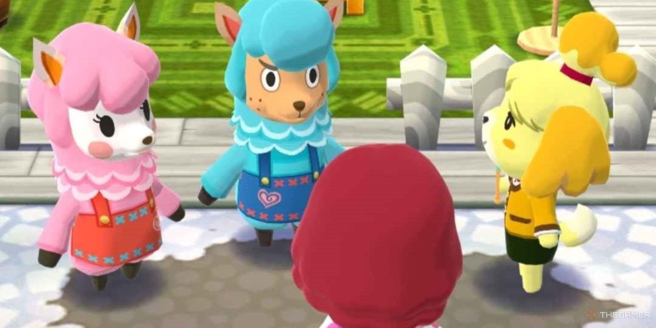 Animal Crossing: Pocket Camp Complete, the Player Character and Isabella talking to Reese and Cyrus.