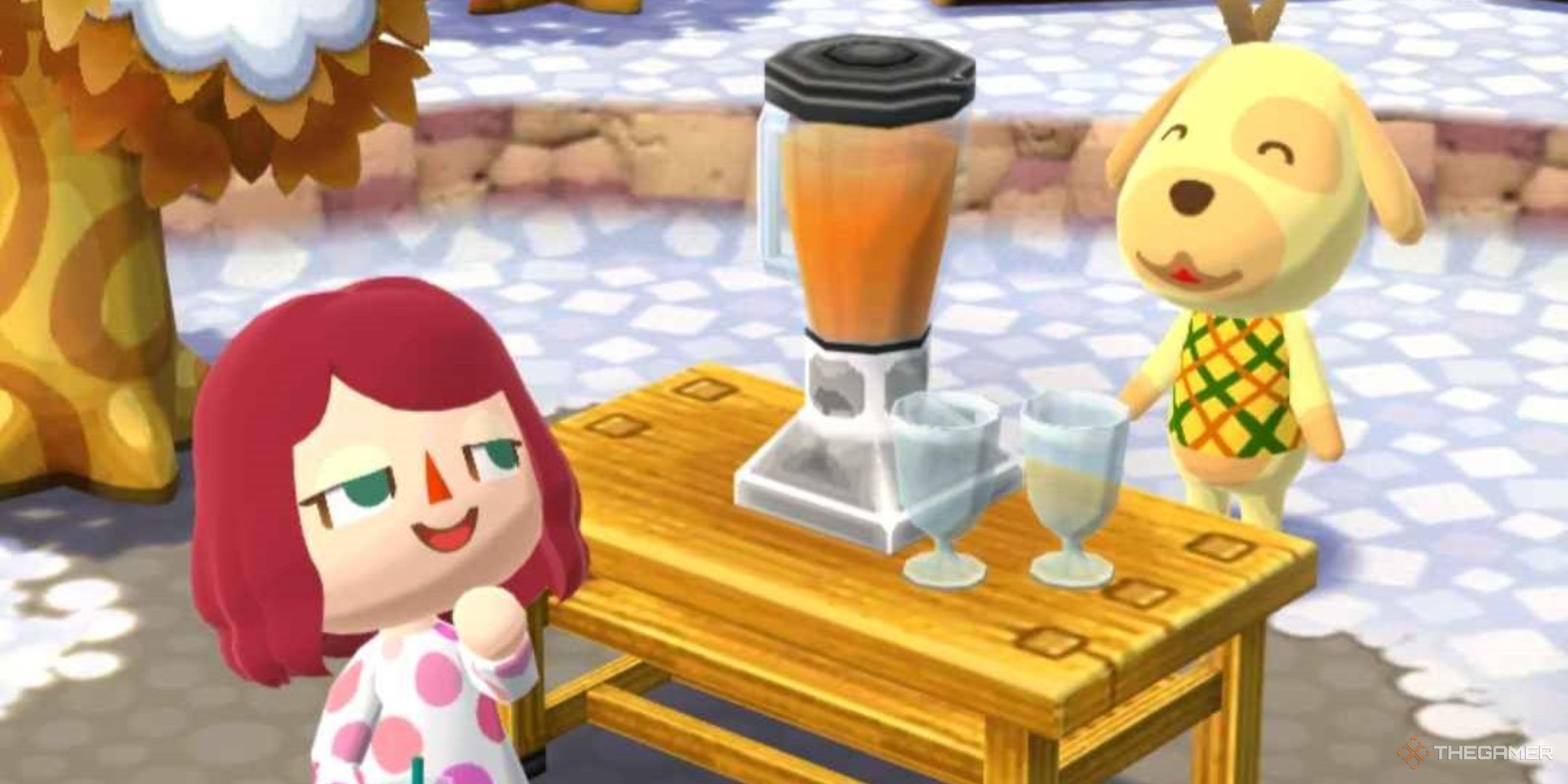 Animal Crossing: Pocket Camp Complete, the Player and Goldie making a smoothie.