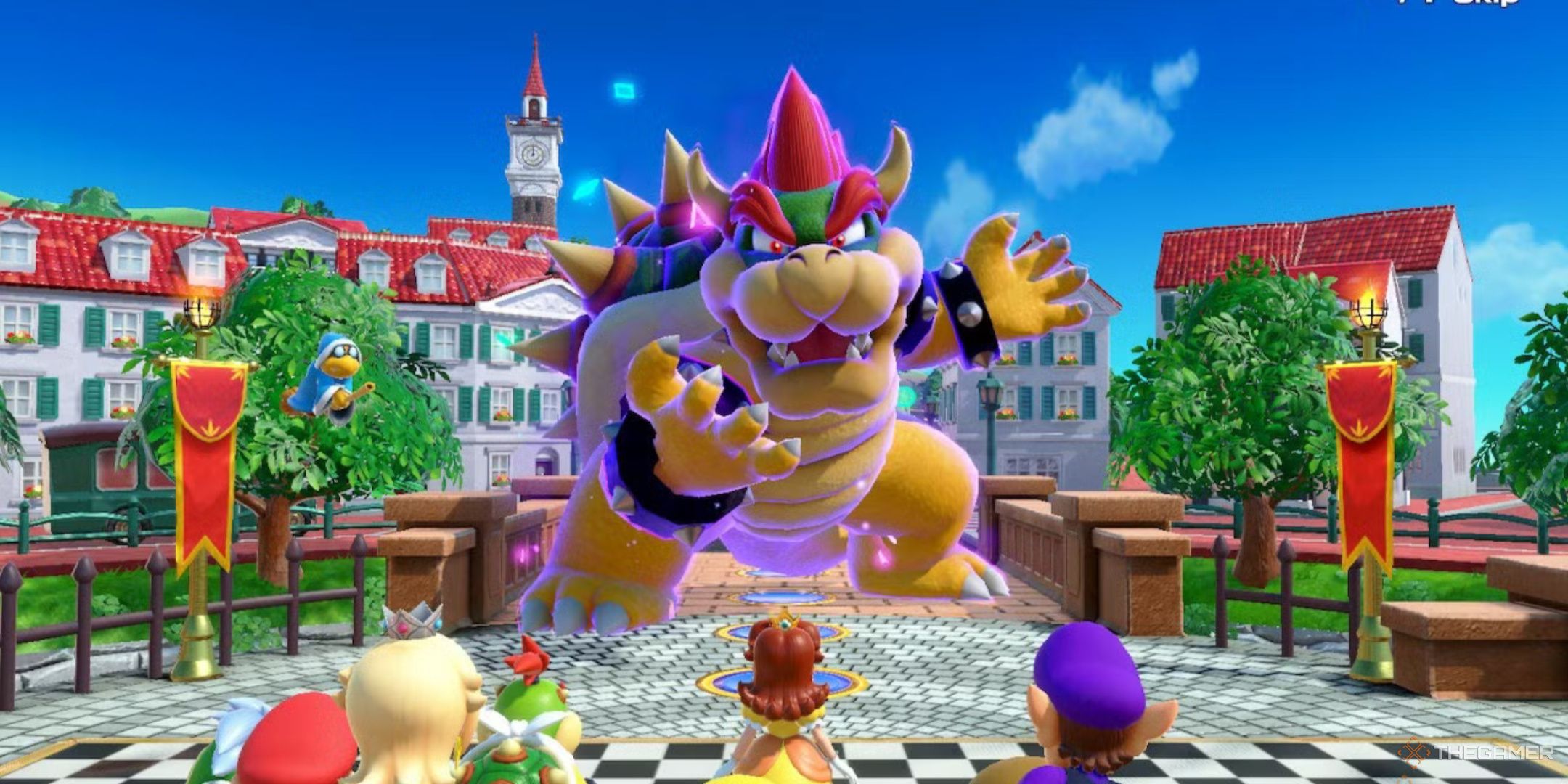 Bowser attacking the group at the start of the Koopathlon in Super Mario Party Jamboree.