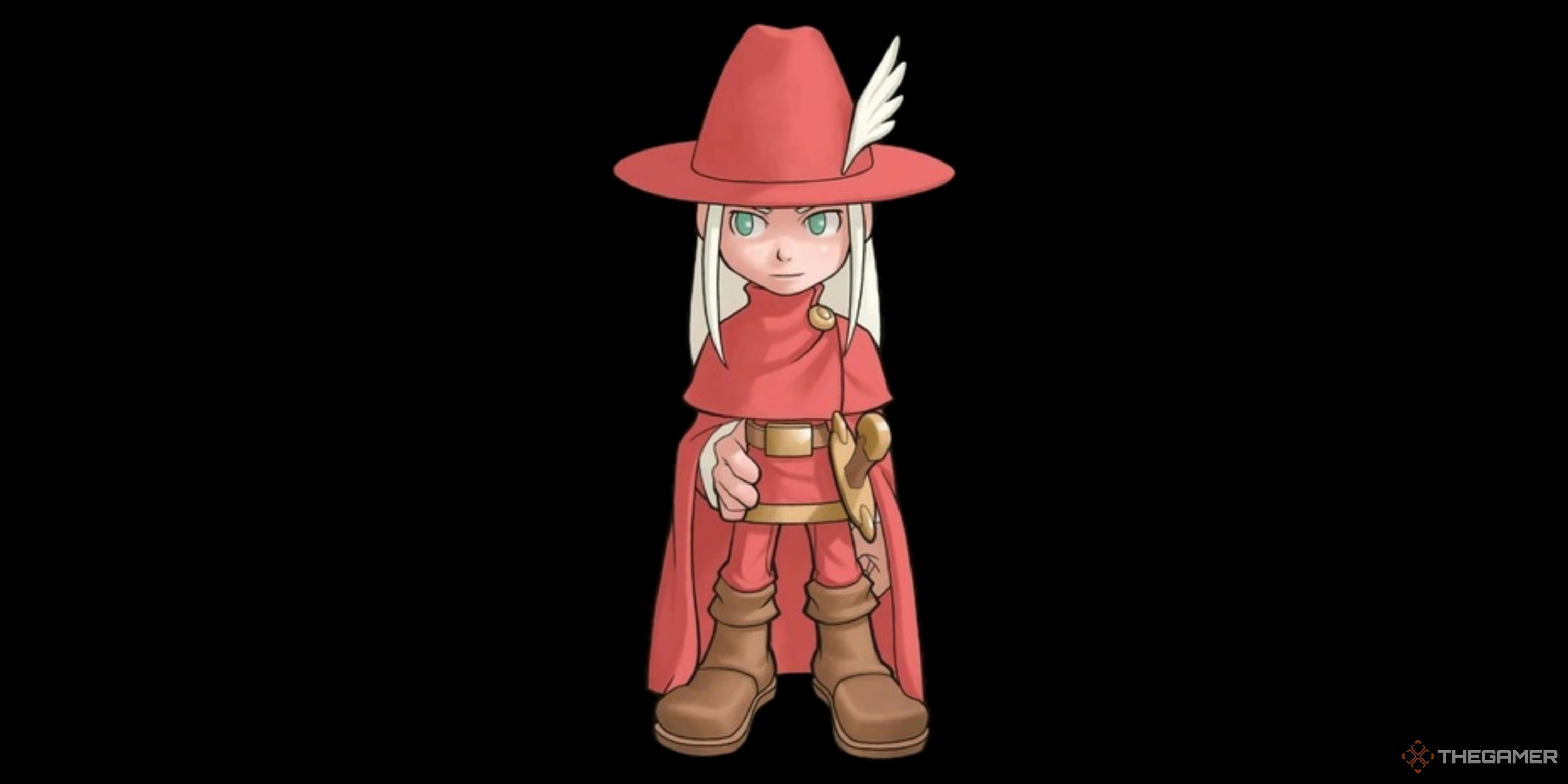 A Red Mage from the Final Fantasy Dawn Of Souls remake. A blonde character stands in an all red outfit, a sword on their hip.