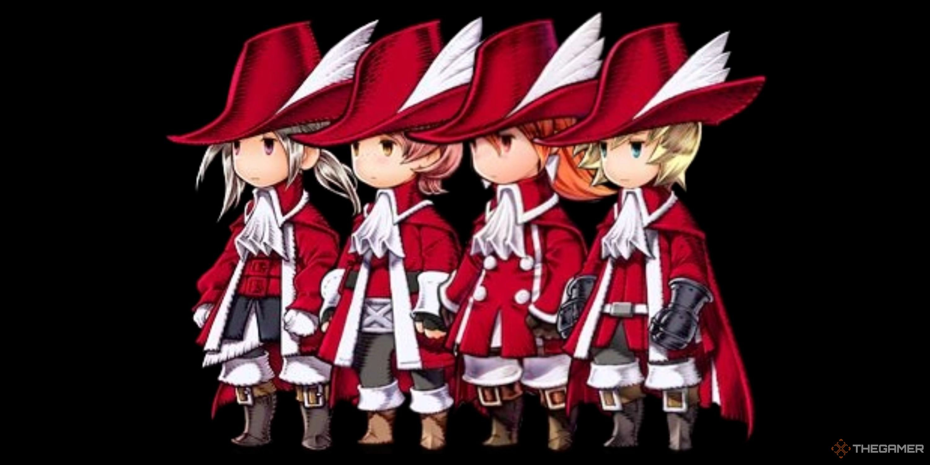 The party of Final Fantasy 3 lined up, all dressed as Red Mages.