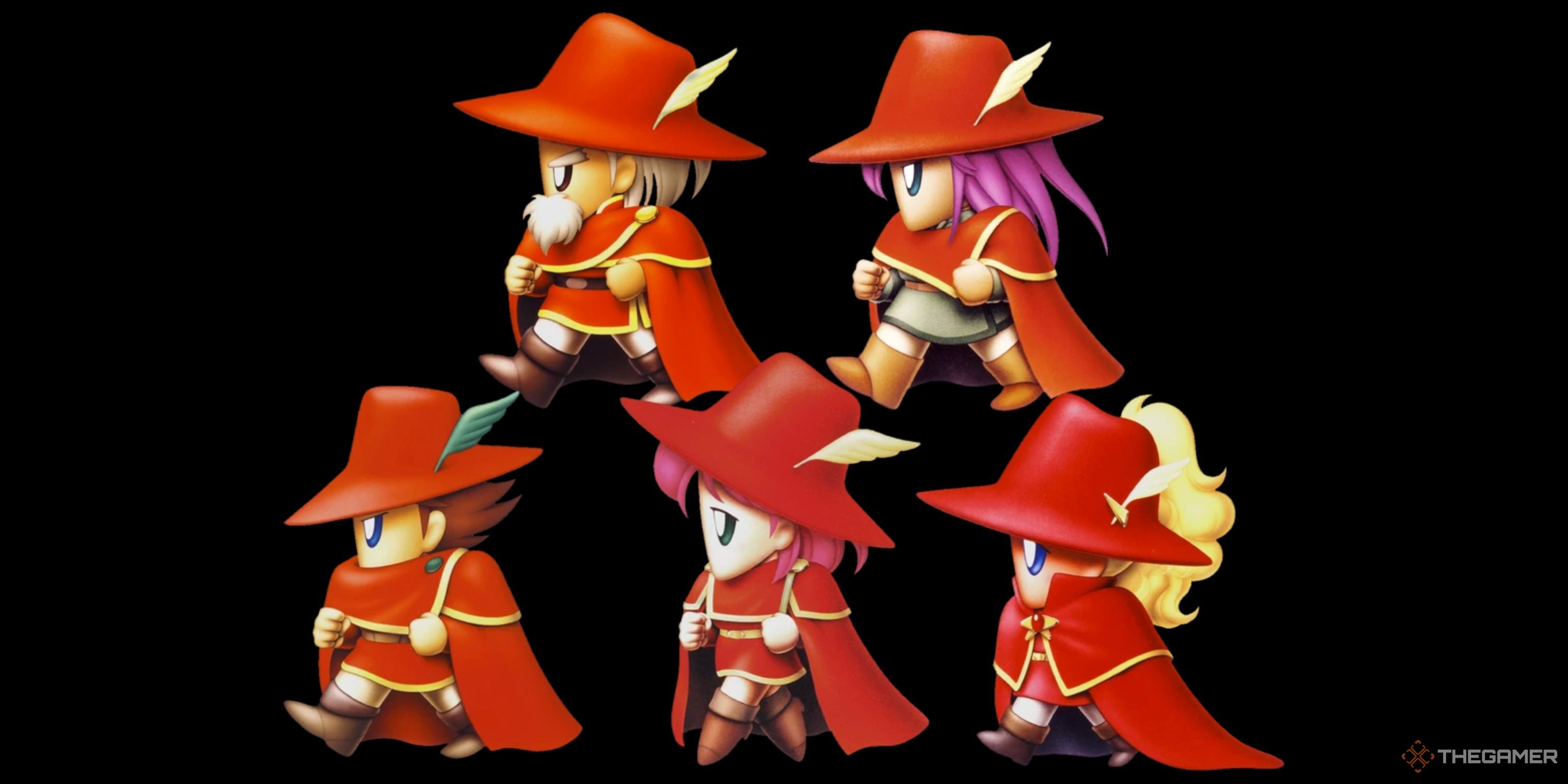 The playable cast of Final Fantasy 5 all dressed as Red Mages.