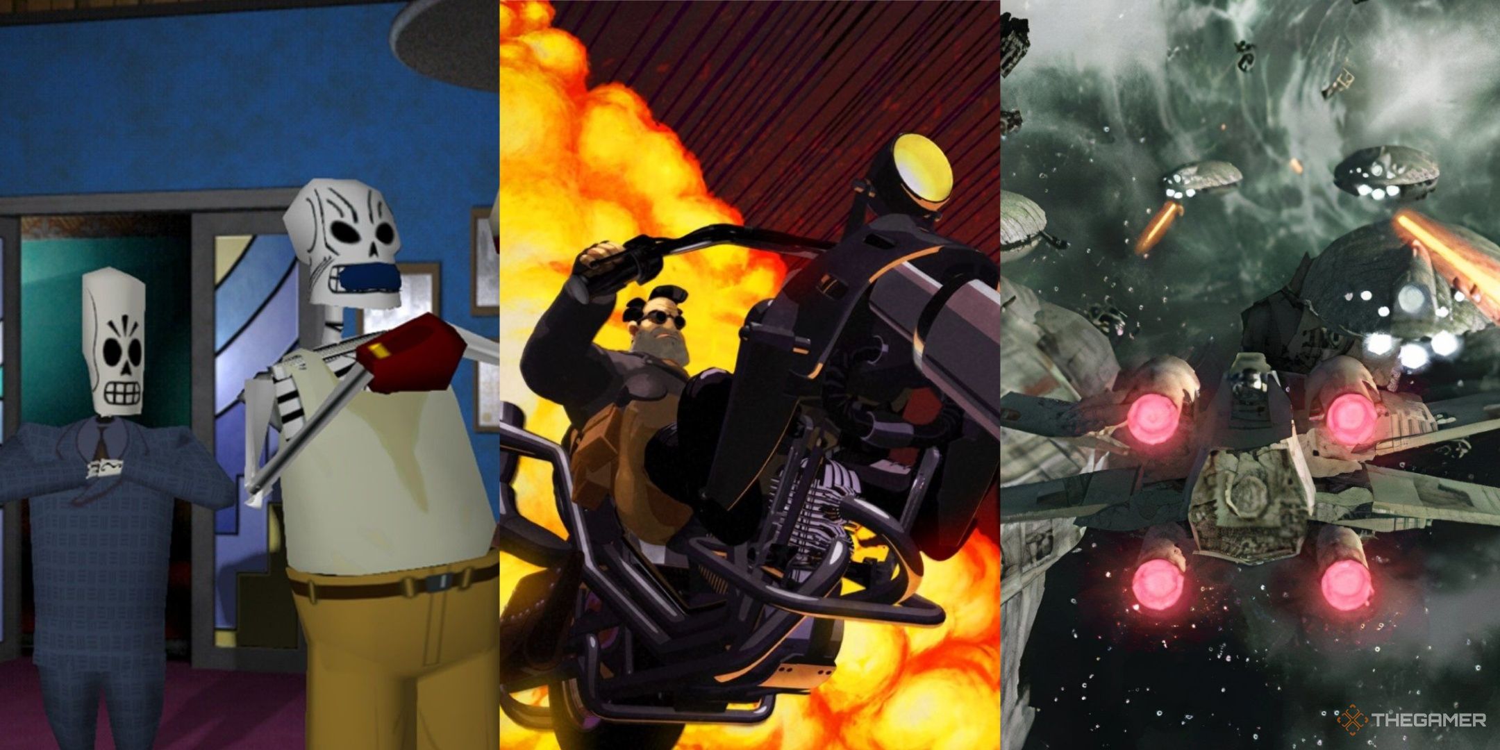 Manny with a boxing skeleton in grim fandango, a man on a motorcycle in full throttle, and an x-wing in star wars rogue sqaudron 2, left to right.