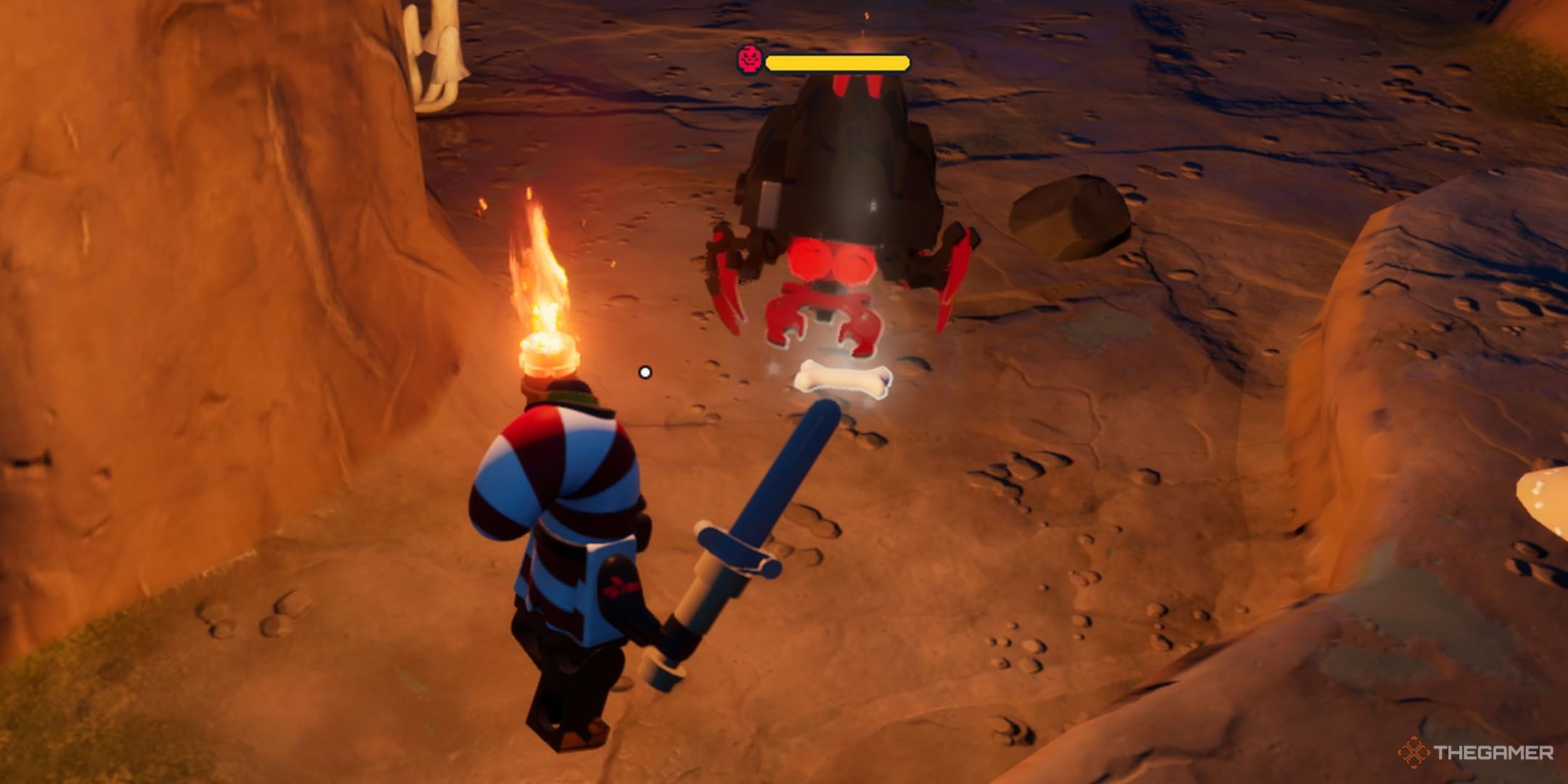 Mr Dappermint beside a Blaster in Lego Fortnite Odyssey.