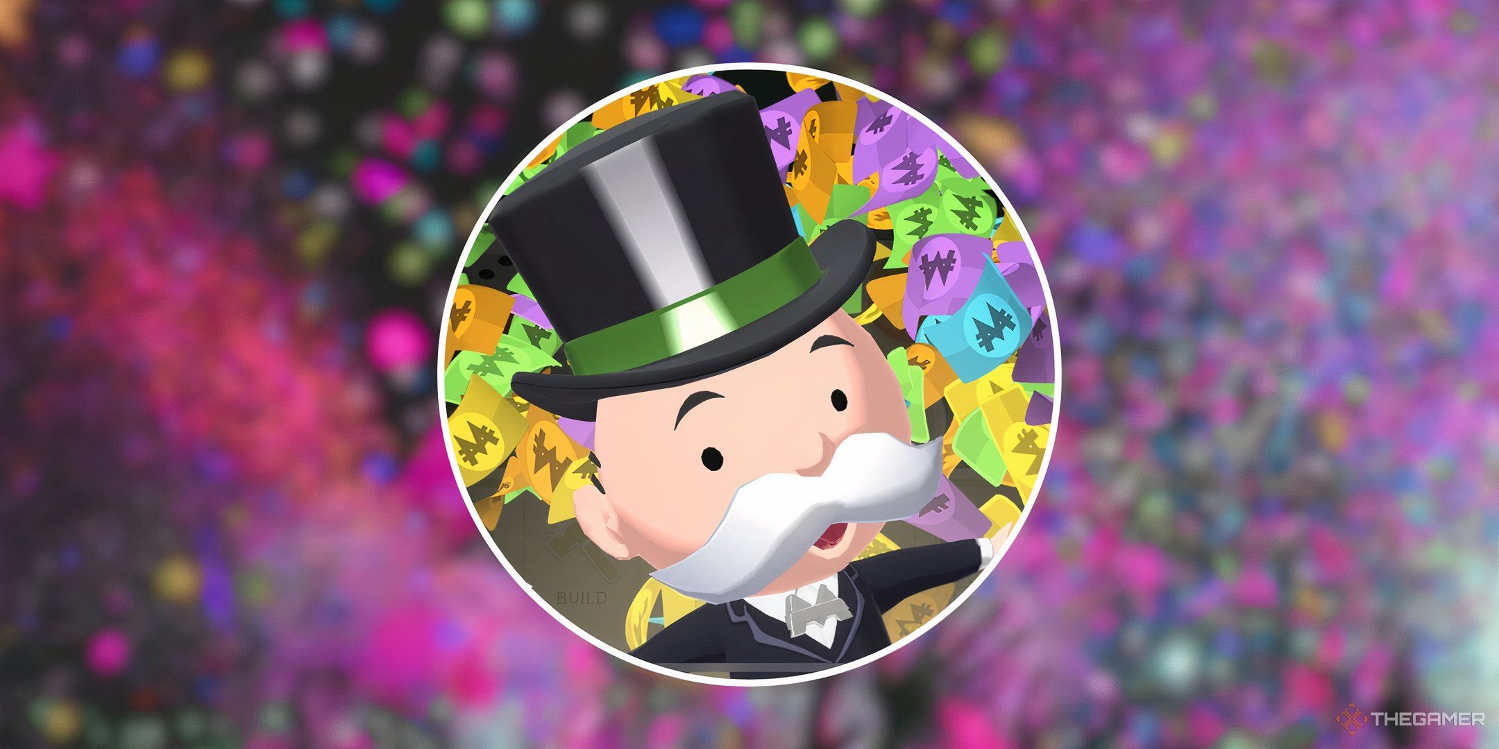 Mr. Monopoly and Monopoly money in front of a blurred image of confetti for the Super Soiree event in Monopoly Go.