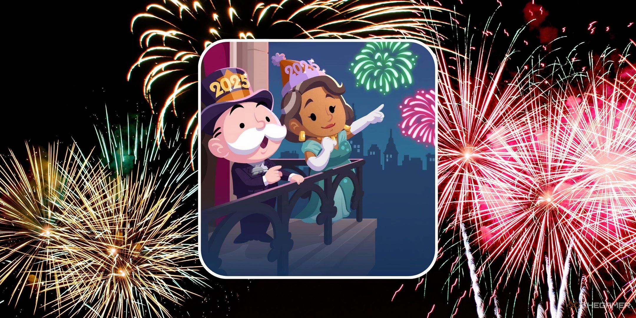 Mr. Monopoly and Sofia watching fireworks in front of a firework backdrop for the Firework Frenzy tournament in Monopoly Go.