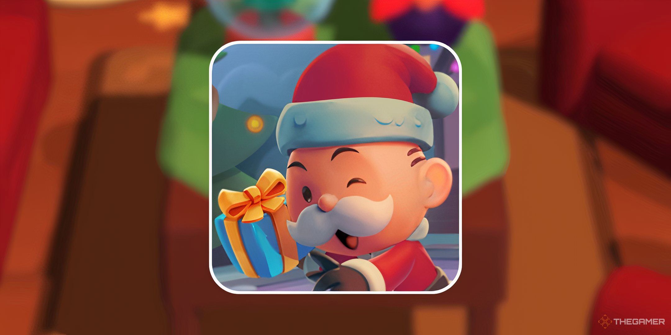 Mr. Monopoly as Santa with a present in front of the background for the Holiday Treasures dig event in Monopoly Go.