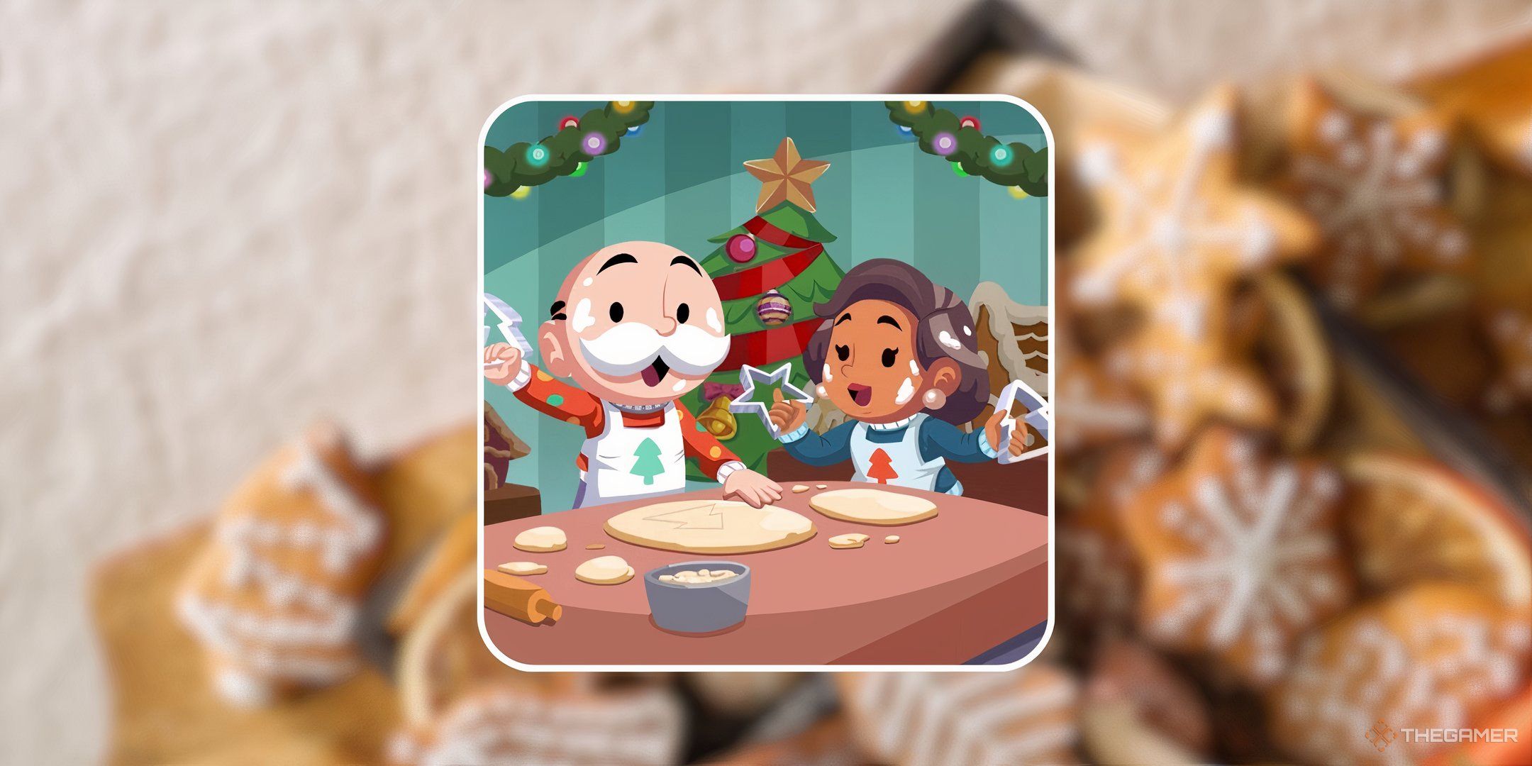 Mr. Monopoly baking gingerbread cookies with a friend in front of a background of gingerbread for the Build and Bake tournament in Monopoly Go.