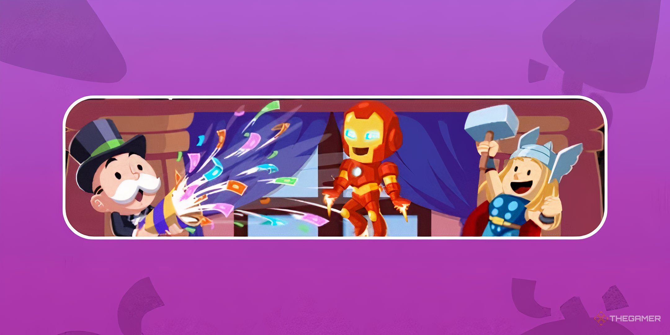 Mr. Monopoly celebrating with Iron Man and Thor in front of a purple backdrop for Super Soiree in Monopoly Go.