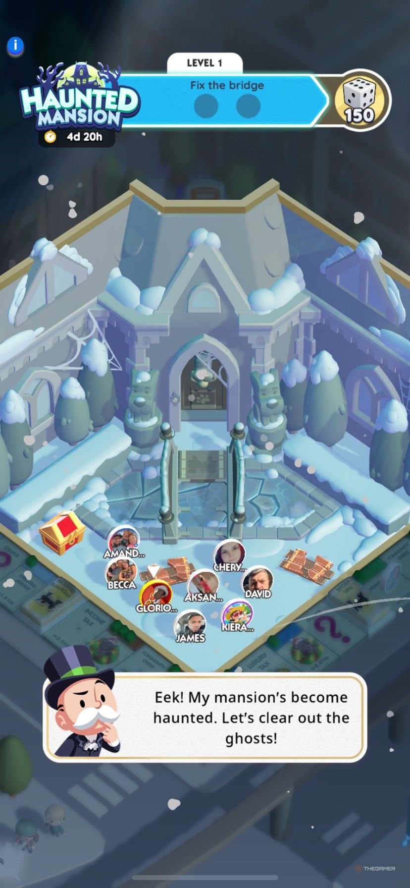 Mr. Monopoly introducing his Haunted Mansion in the Monopoly Go Haunted Mansion adventure event.