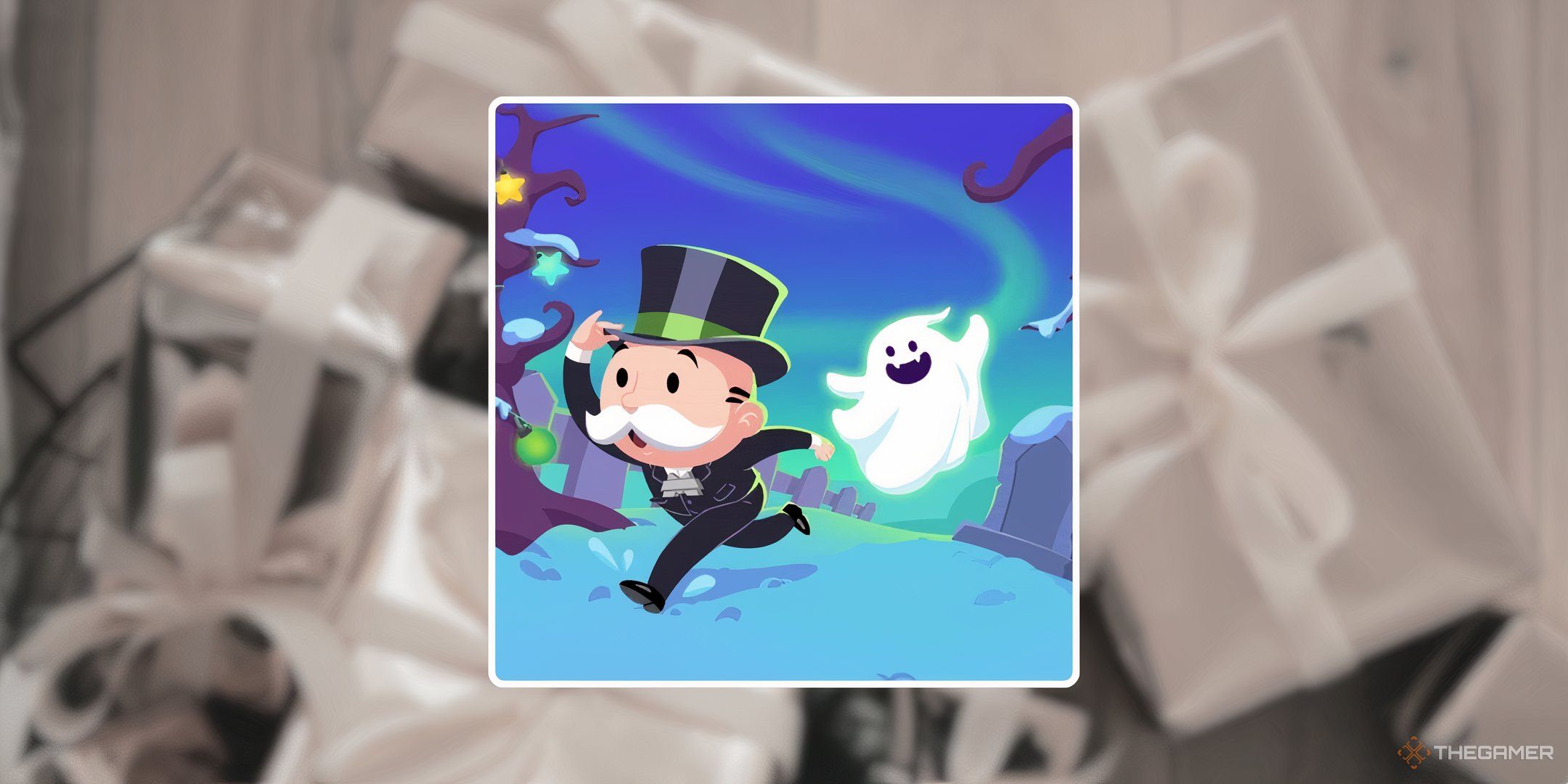 Mr. Monopoly running from a ghost in Ghost Race from Monopoly Go.