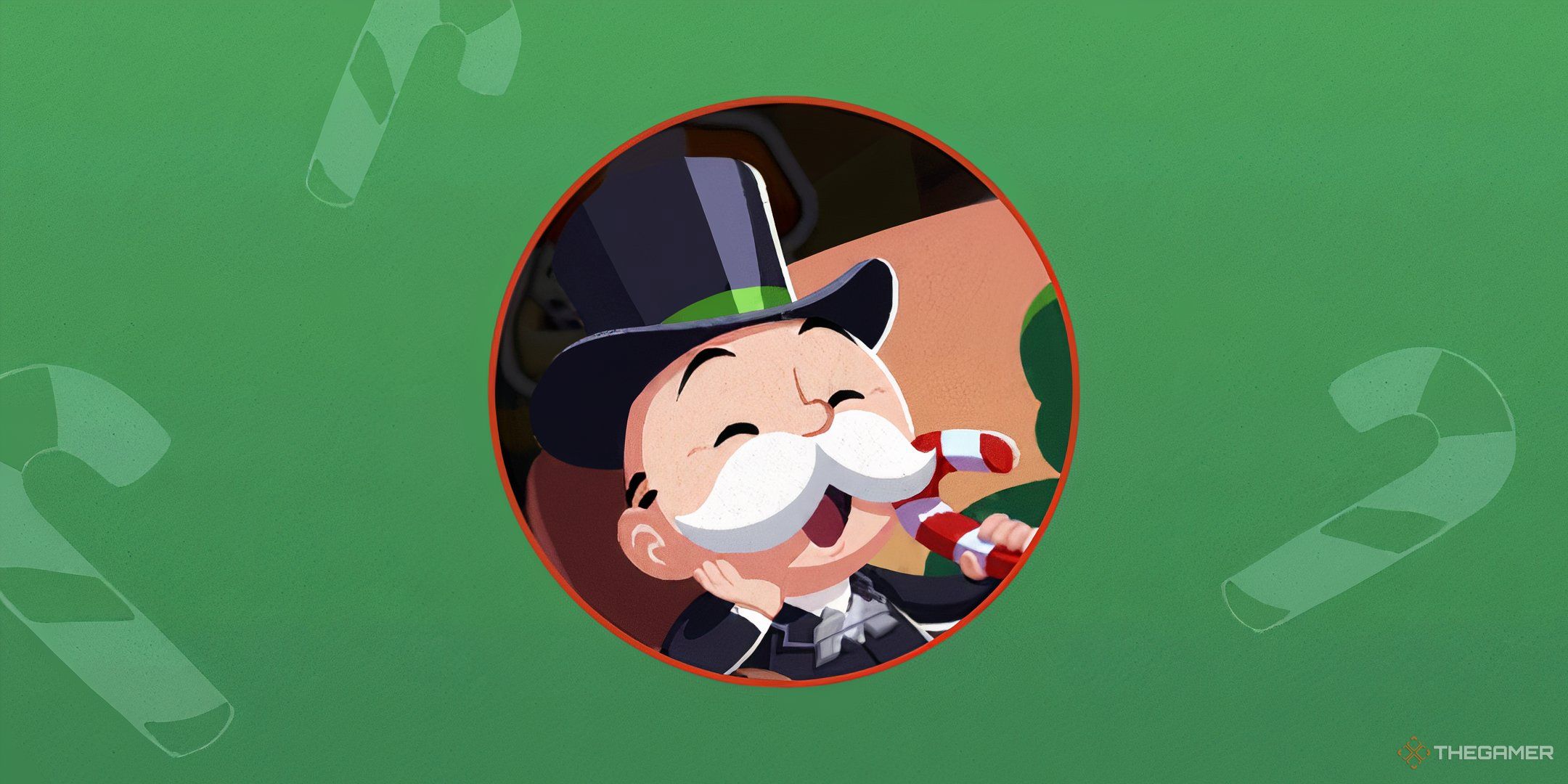 Mr. Monopoly with a candy cane in front of a green candy cane backdrop for the Cane Delights rewards in Monopoly Go.