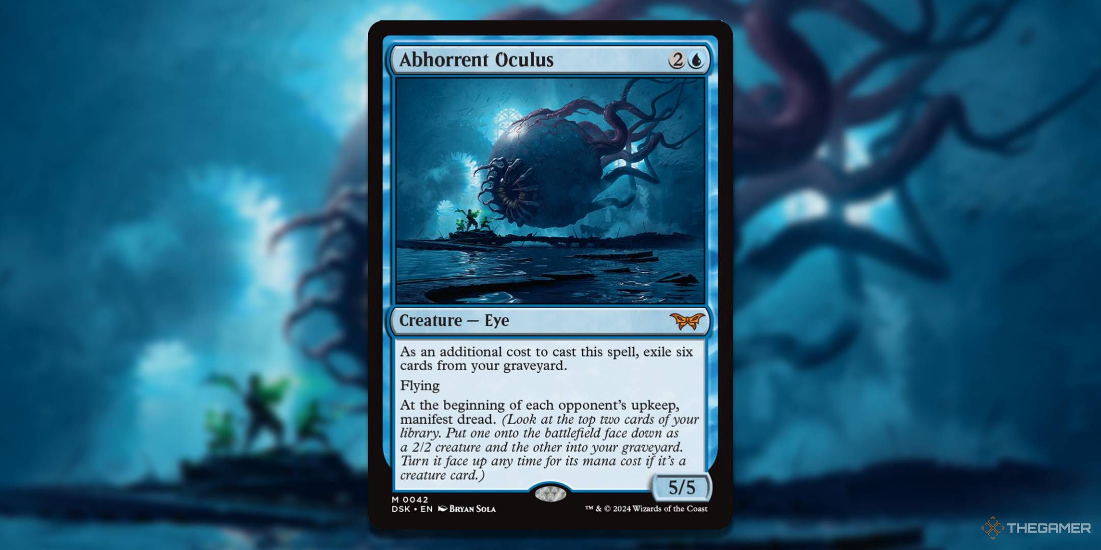 MTG Abhorrent Oculus card with the art in the background.