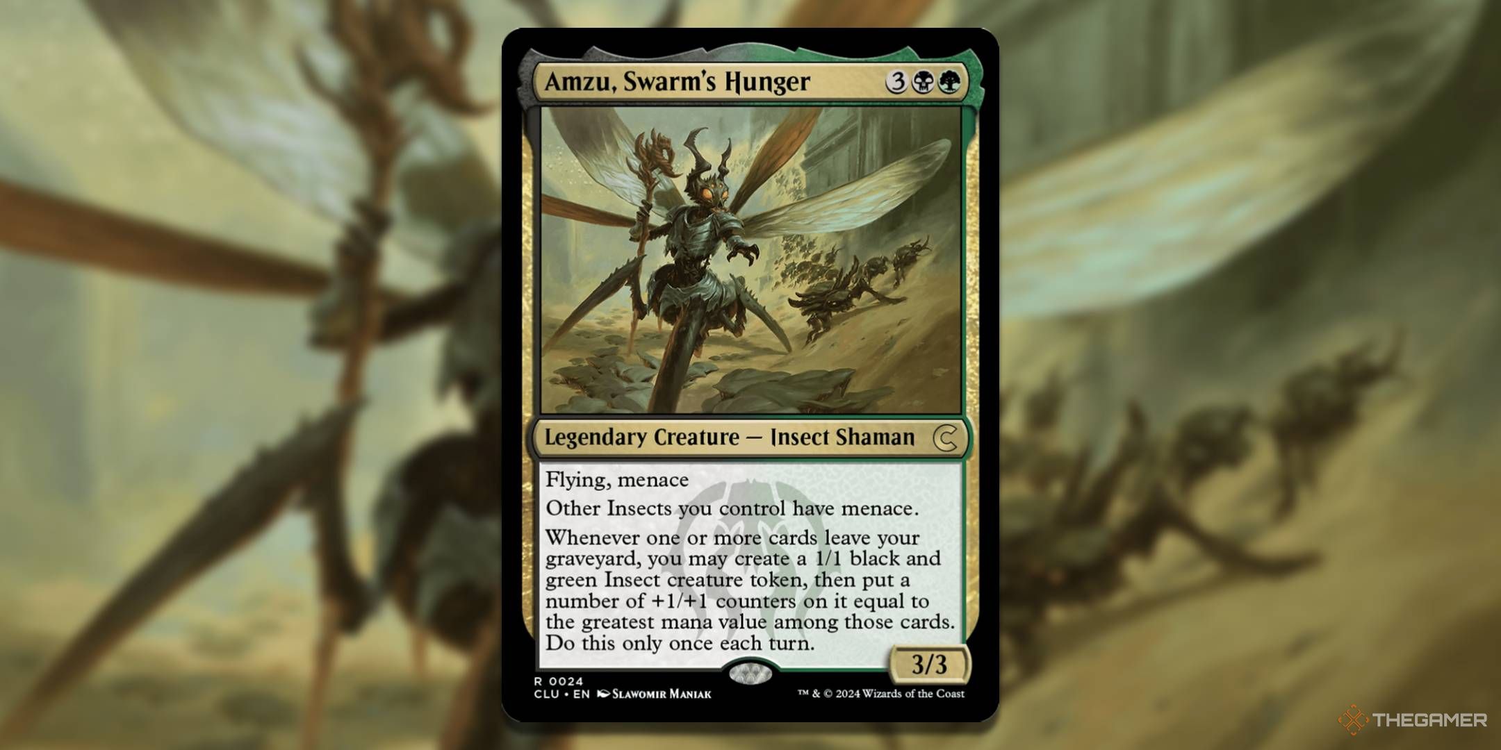 MTG Amzu, Swarm's Hunger card with the art in the background.